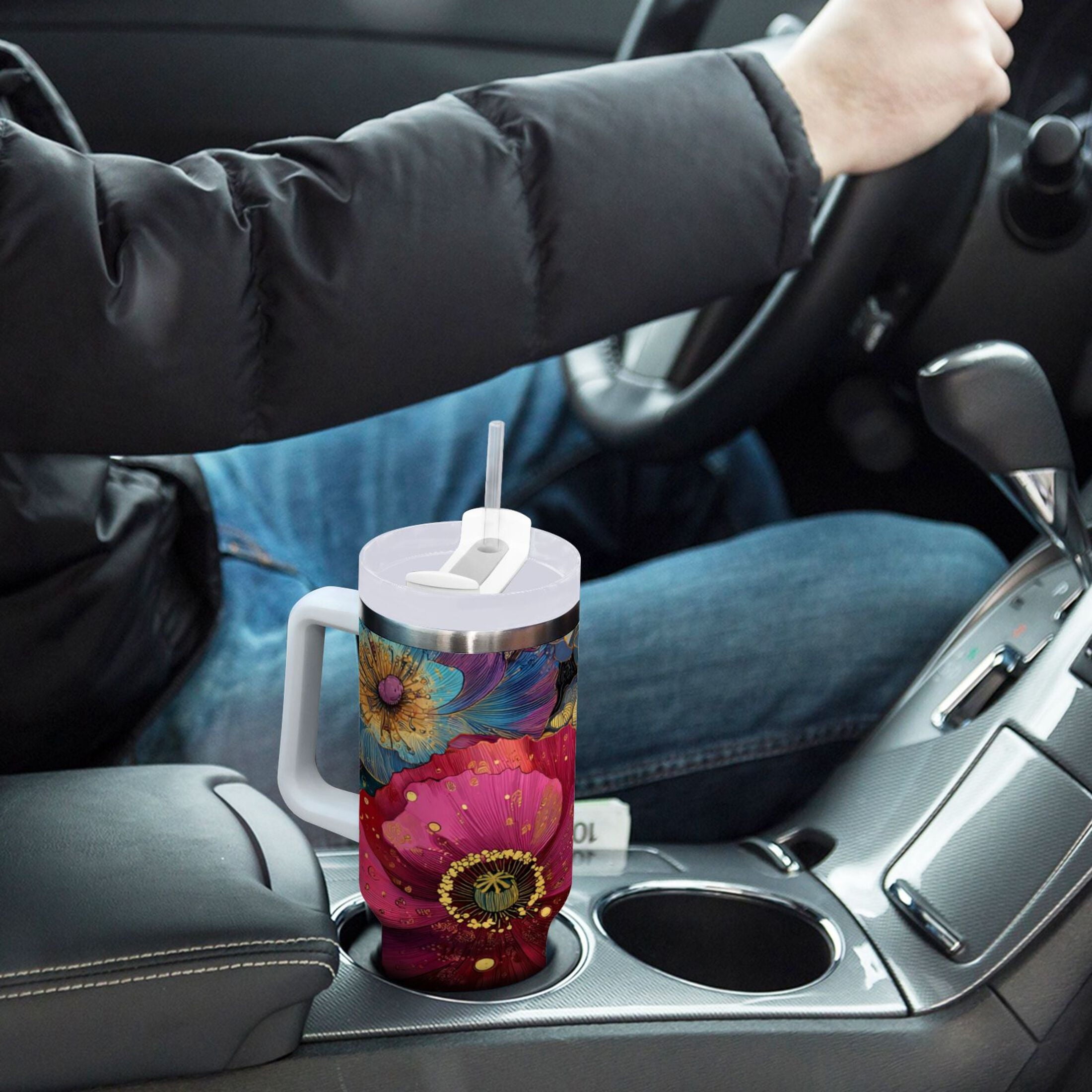 40 oz Insulated Stainless Steel Tumbler Double Wall Stainless Steel Tumbler with 2-Way Drinking Vibrant and Intricate Flowers M463K