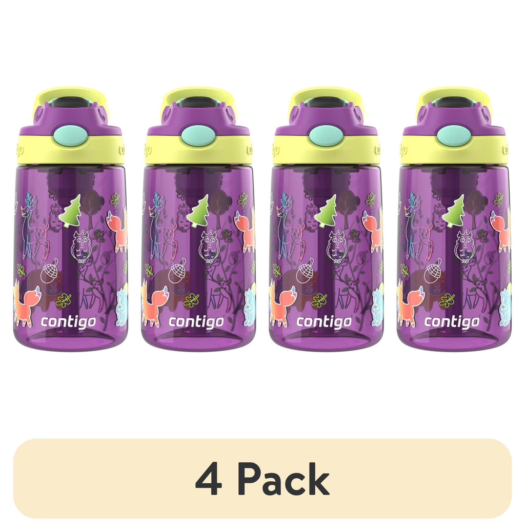(4 pack) Contigo Kids Water Bottle with Redesigned AUTOSPOUT Straw, 14 oz, Grape Forest Haven M16G