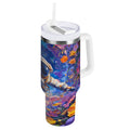 40 oz Insulated Stainless Steel Tumbler Double Wall Stainless Steel Tumbler with 2-Way Drinking Astronaut and Colorful Flowers M562A
