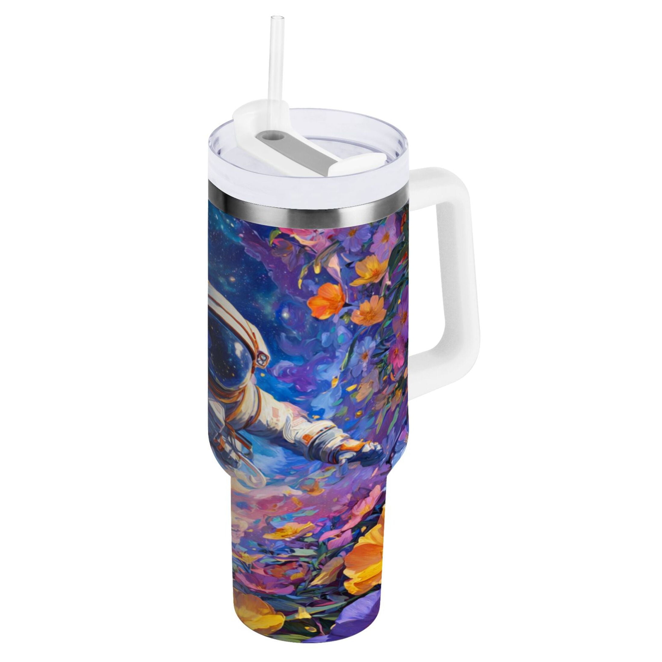 40 oz Insulated Stainless Steel Tumbler Double Wall Stainless Steel Tumbler with 2-Way Drinking Astronaut and Colorful Flowers M562A