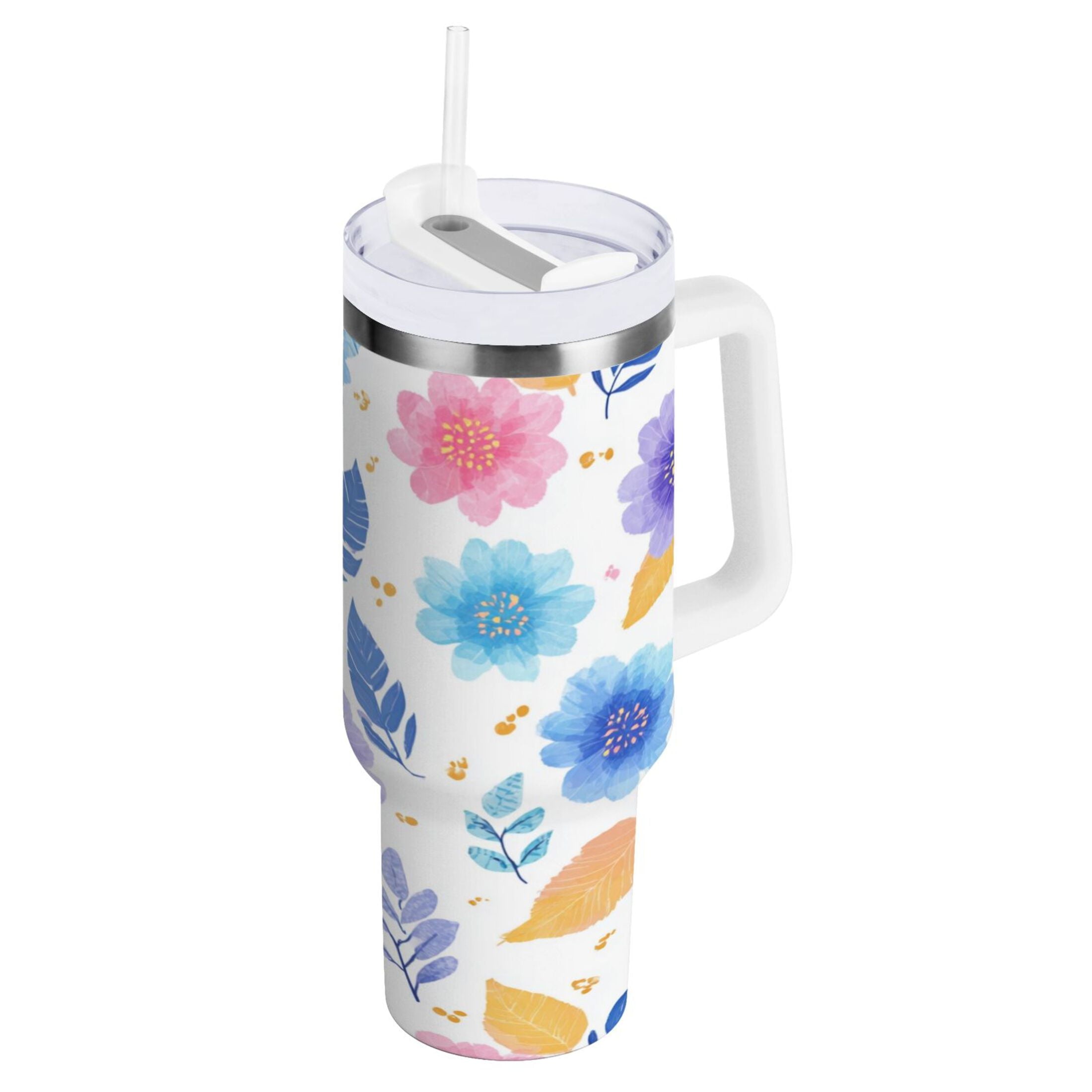 30 oz Insulated Stainless Steel Tumbler Double Wall Stainless Steel Tumbler with 2-Way Drinking Blue and Purple Flowers M522U