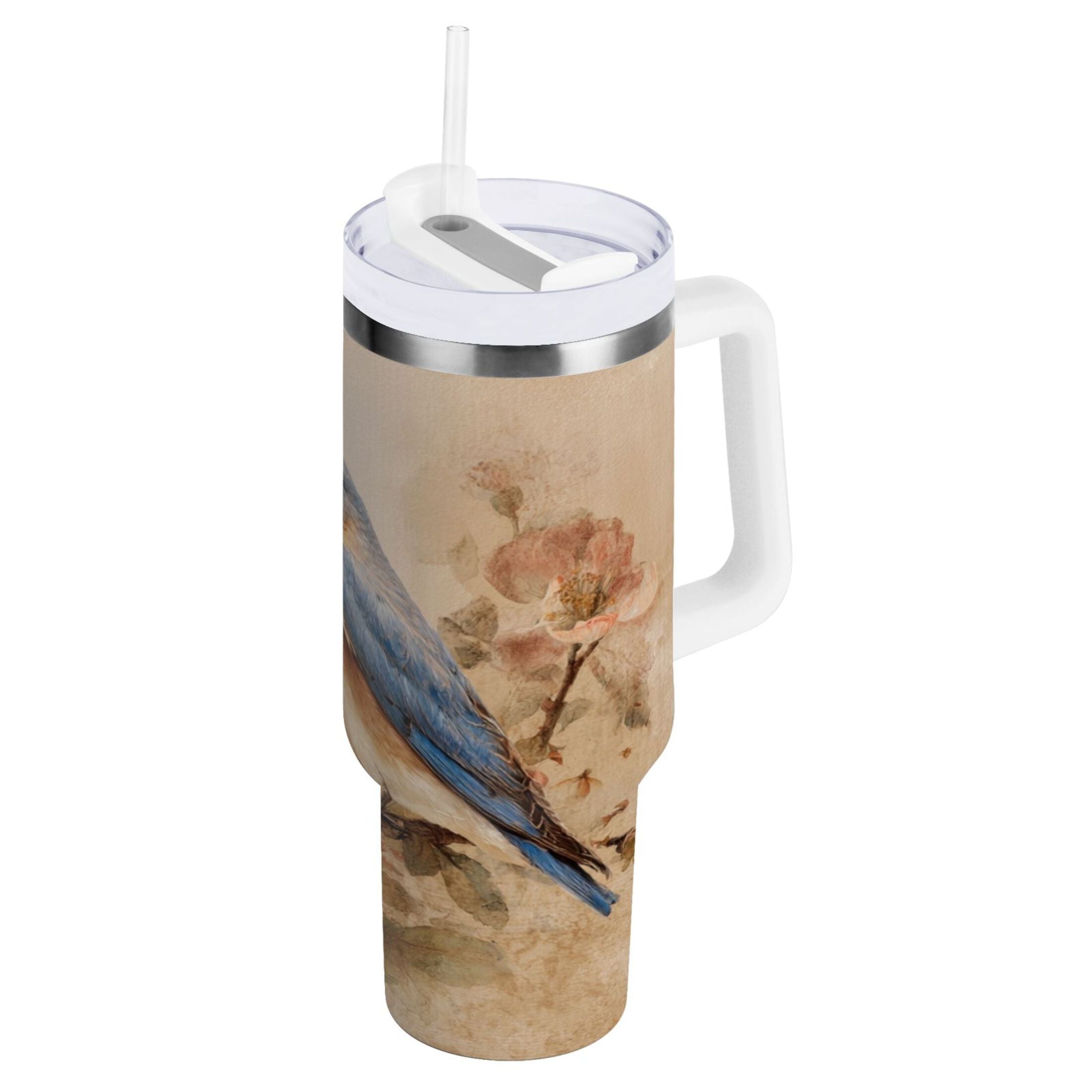 40 oz Insulated Stainless Steel Tumbler Double Wall Stainless Steel Tumbler with 2-Way Drinking Bluebird and Ancient Flowers M574N