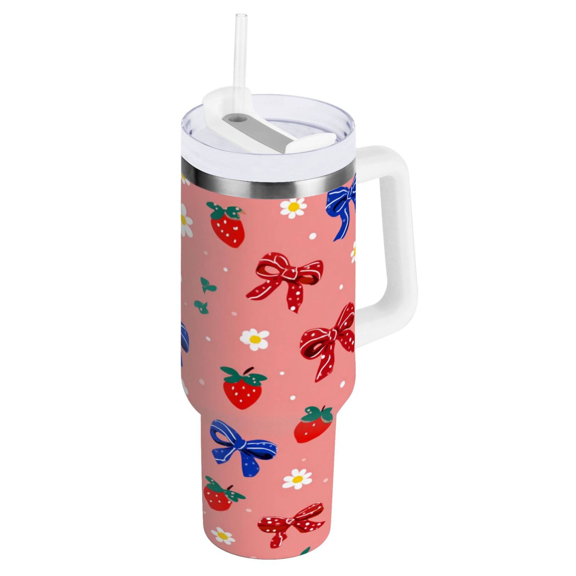 40 oz Insulated Stainless Steel Tumbler Double Wall Stainless Steel Tumbler with 2-Way Drinking Bows and Strawberries Pattern M511V