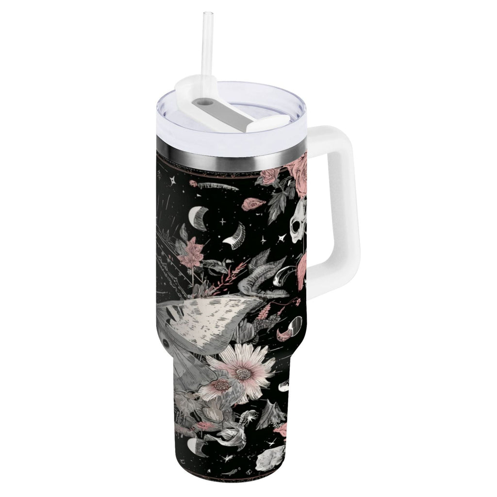40 oz Insulated Stainless Steel Tumbler Double Wall Stainless Steel Tumbler with 2-Way Drinking Butterfly Surrounded by Flowers M640R