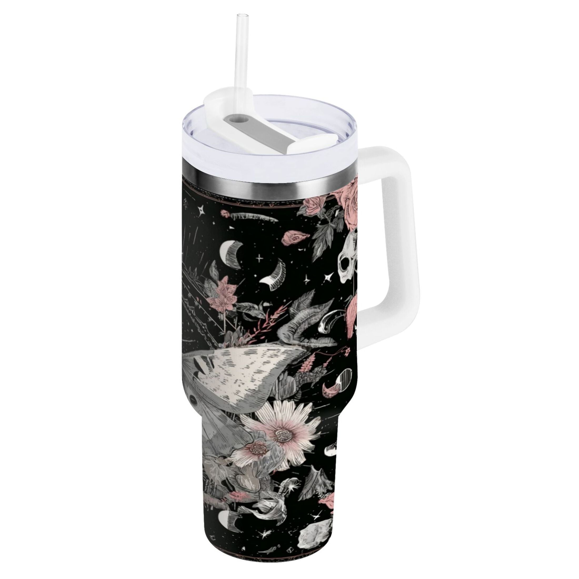 40 oz Insulated Stainless Steel Tumbler Double Wall Stainless Steel Tumbler with 2-Way Drinking Butterfly Surrounded by Flowers M640R
