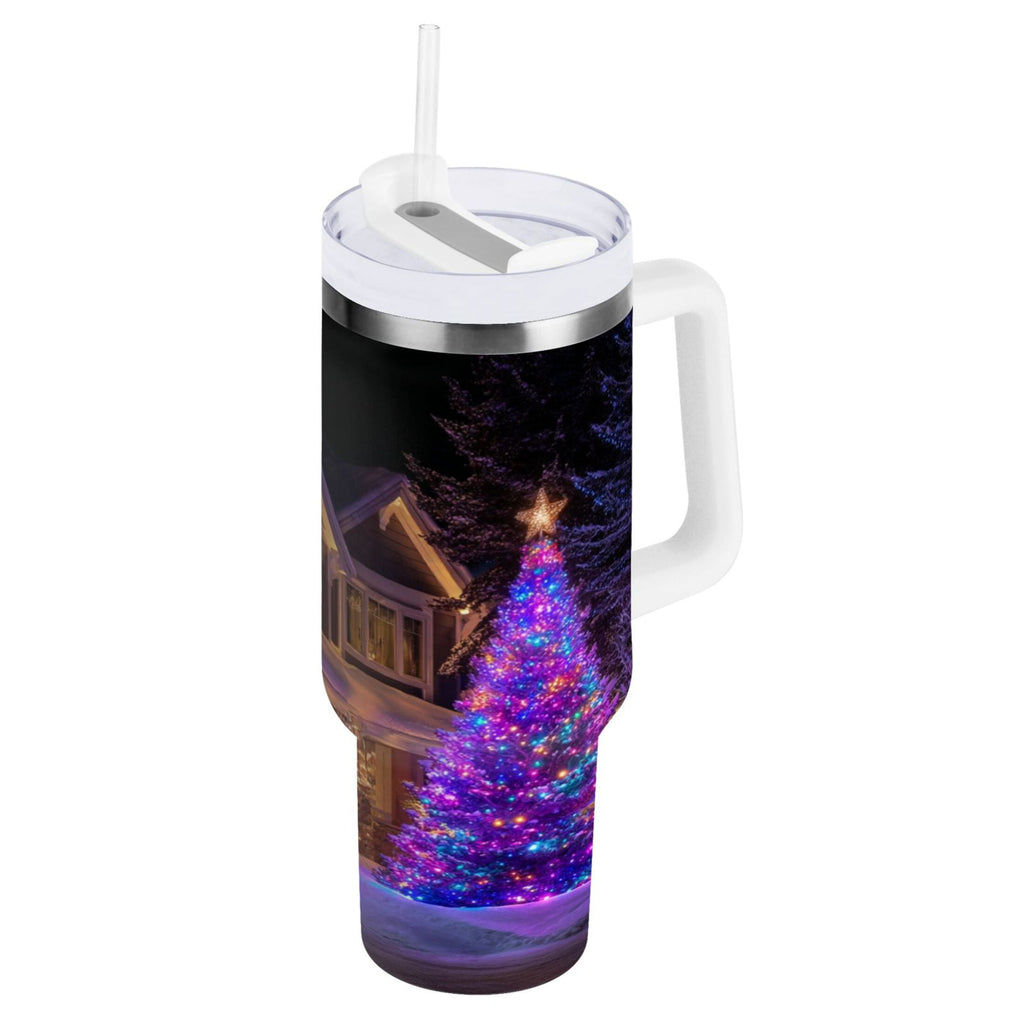 40 oz Insulated Stainless Steel Tumbler Double Wall Stainless Steel Tumbler with 2-Way Drinking Christmas Trees with Lights M664N