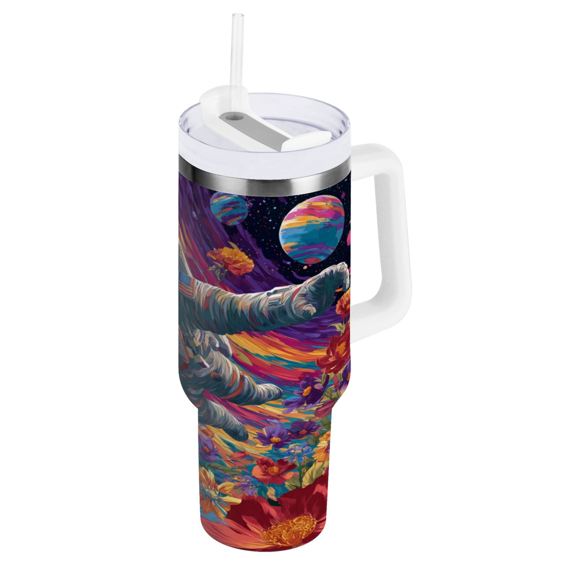 40 oz Insulated Stainless Steel Tumbler Double Wall Stainless Steel Tumbler with 2-Way Drinking Colorful Flowers and Planets M598F