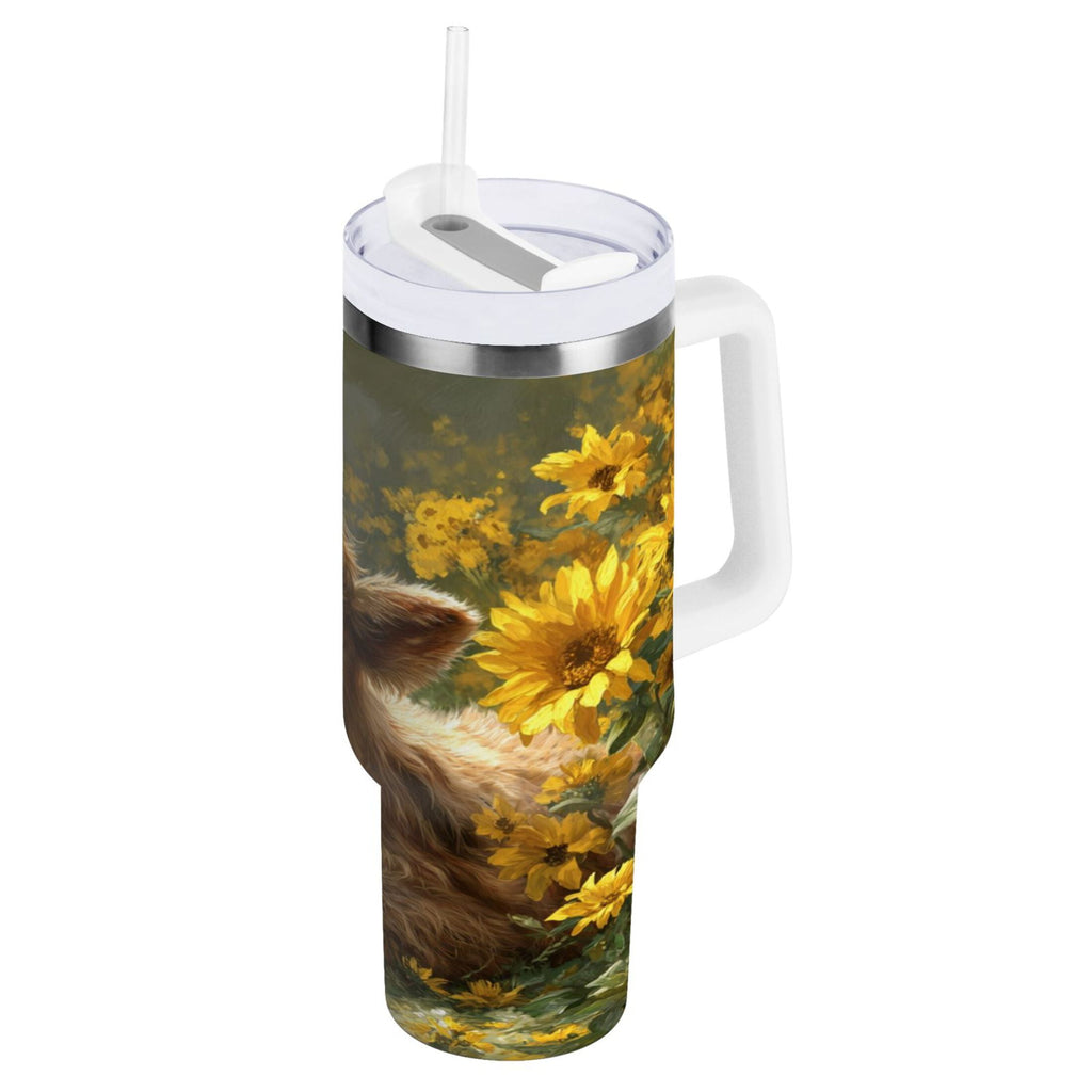 40 oz Insulated Stainless Steel Tumbler Double Wall Stainless Steel Tumbler with 2-Way Drinking Cow Lying in Sunflowers M665X