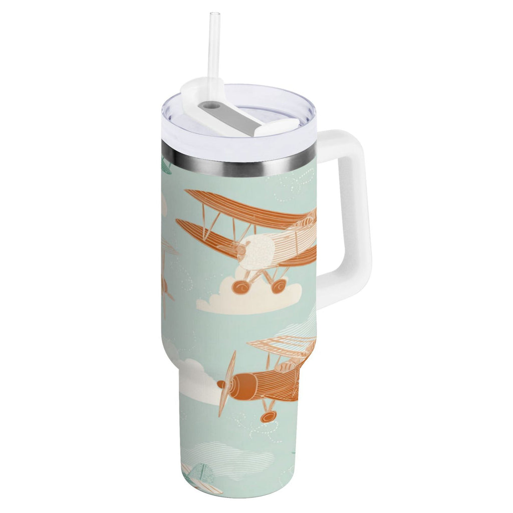 40 oz Insulated Stainless Steel Tumbler Double Wall Stainless Steel Tumbler with 2-Way Drinking Cute Airplanes M647B
