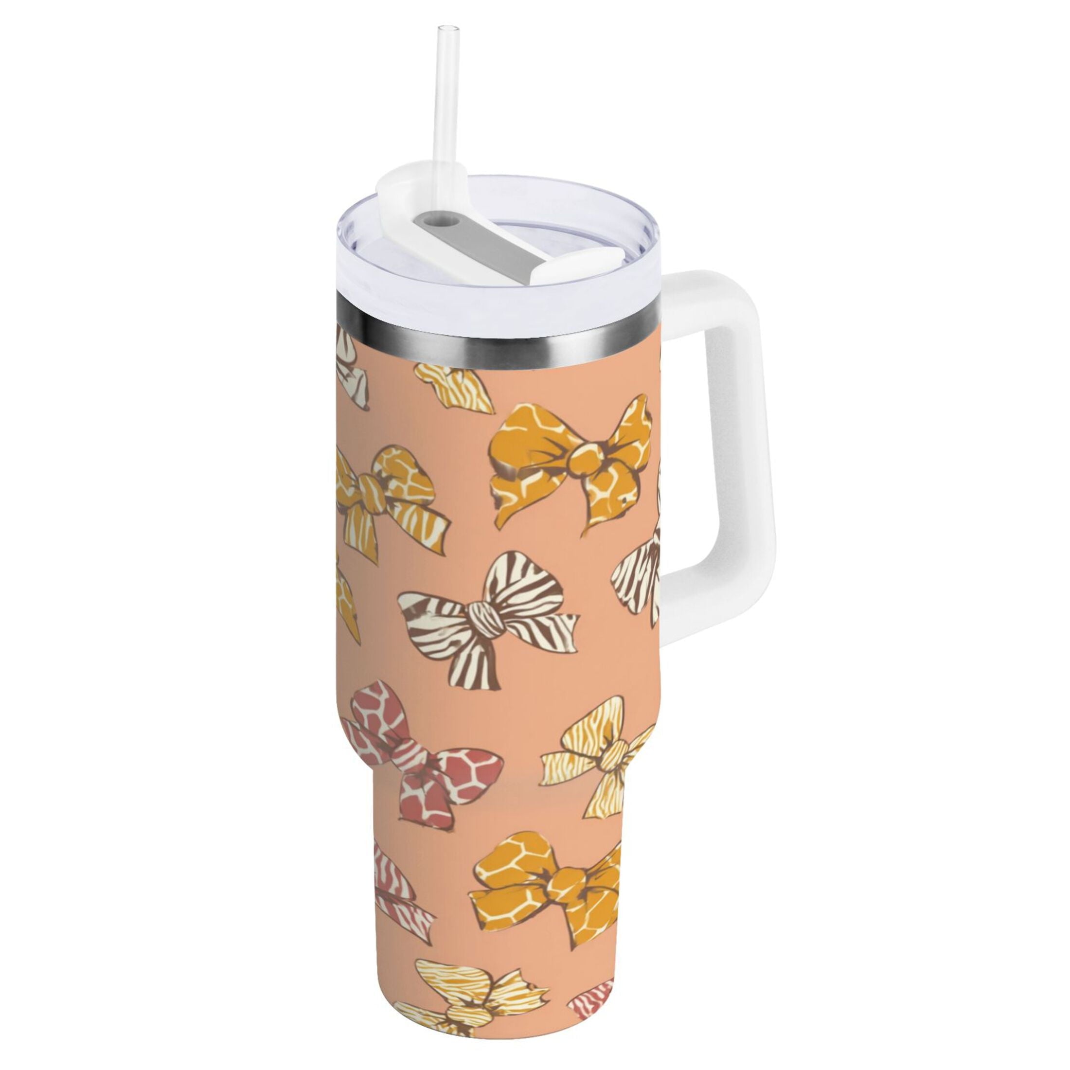 40 oz Insulated Stainless Steel Tumbler Double Wall Stainless Steel Tumbler with 2-Way Drinking Cute Animal Print Bows M678A