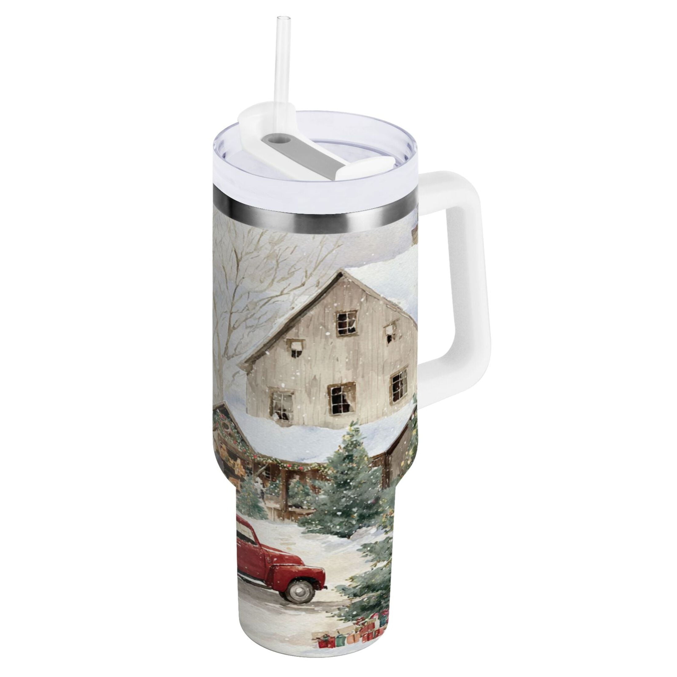 40 oz Insulated Stainless Steel Tumbler Double Wall Stainless Steel Tumbler with 2-Way Drinking Farm Snow Scene M645U
