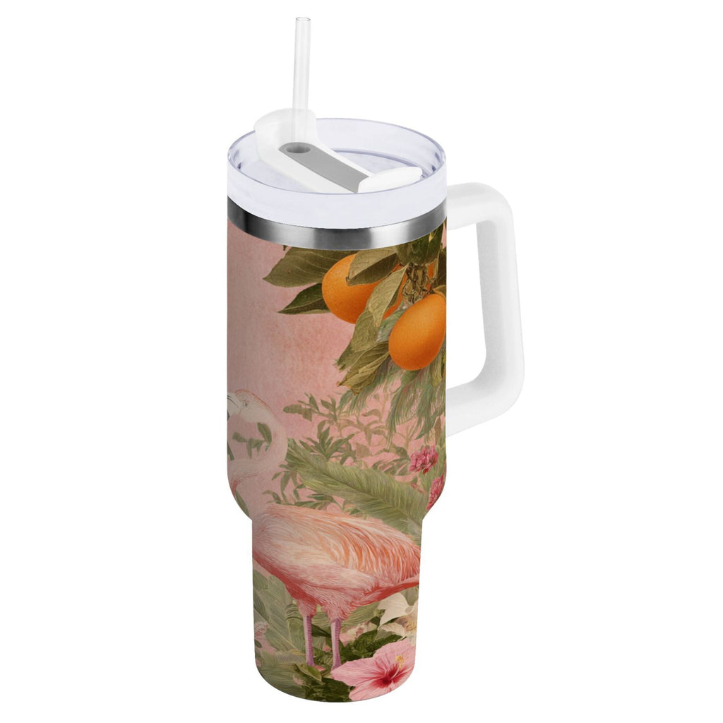 40 oz Insulated Stainless Steel Tumbler Double Wall Stainless Steel Tumbler with 2-Way Drinking Flamingos in Tropical Garden M666F