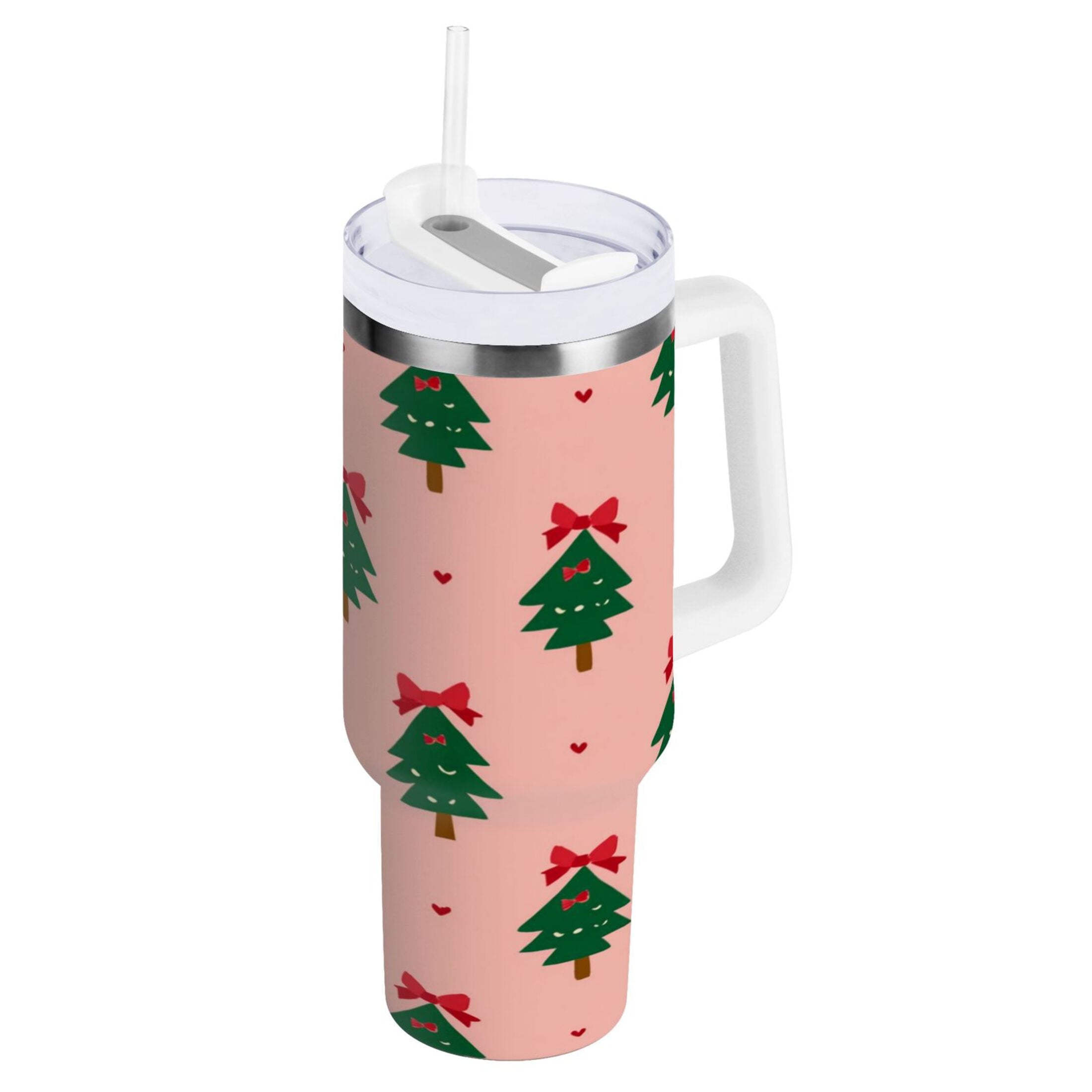 40 oz Insulated Stainless Steel Tumbler Double Wall Stainless Steel Tumbler with 2-Way Drinking Green Trees and Red Bows M468B