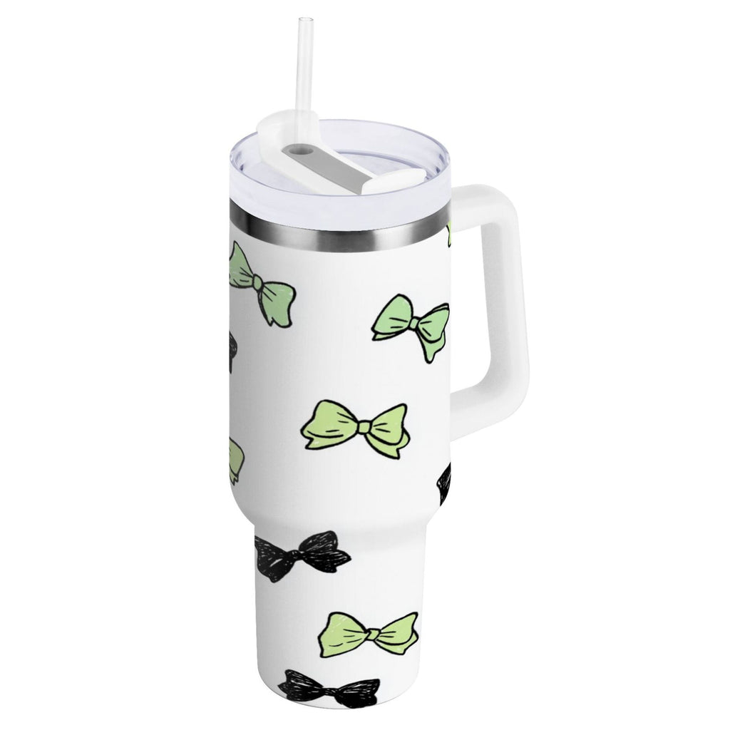 40 oz Insulated Stainless Steel Tumbler Double Wall Stainless Steel Tumbler with 2-Way Drinking Green and Black Bows M553W