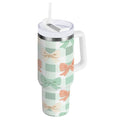 40 oz Insulated Stainless Steel Tumbler Double Wall Stainless Steel Tumbler with 2-Way Drinking Green and Peach Bow Pattern M544A