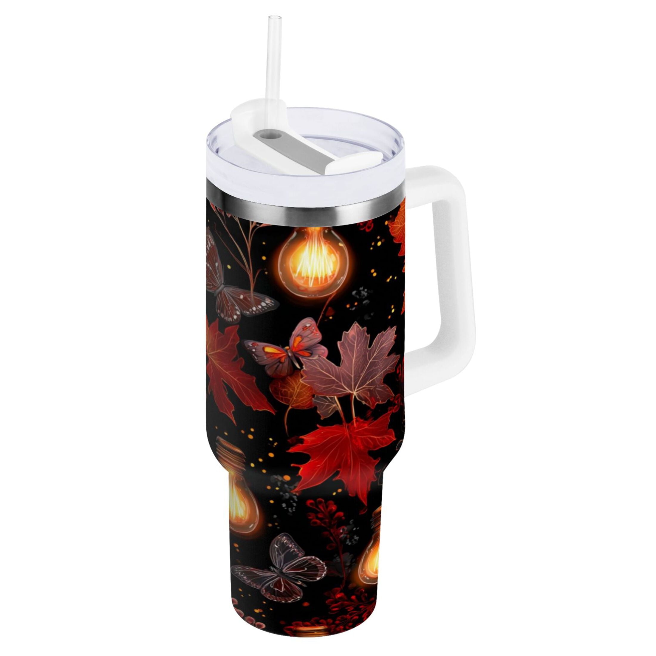 40 oz Insulated Stainless Steel Tumbler Double Wall Stainless Steel Tumbler with 2-Way Drinking Light Bulbs and Maple Leaves M534J