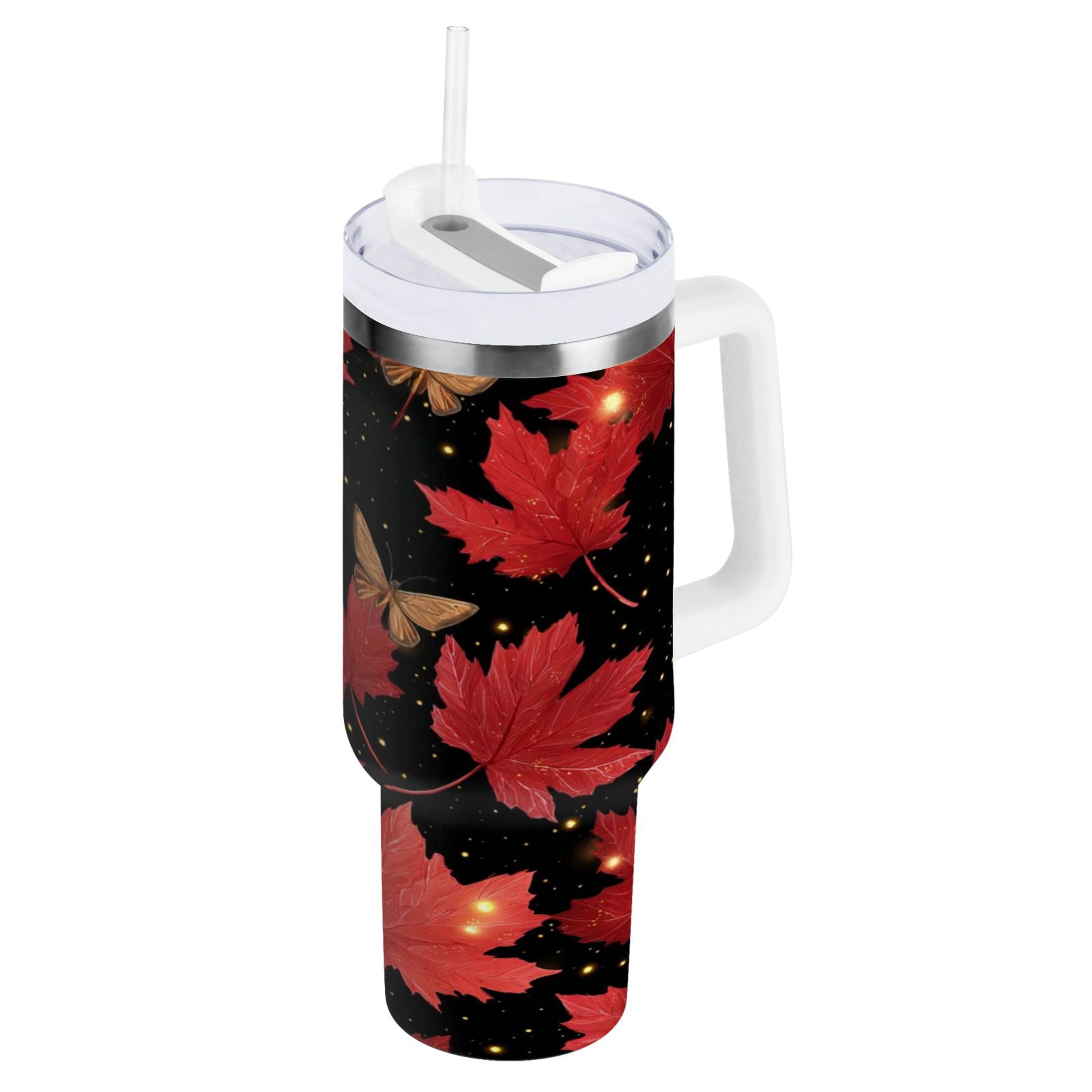 40 oz Insulated Stainless Steel Tumbler Double Wall Stainless Steel Tumbler with 2-Way Drinking Maple Leaves and Fireflies M516Q