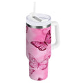 40 oz Insulated Stainless Steel Tumbler Double Wall Stainless Steel Tumbler with 2-Way Drinking Pink Butterfly Pattern M629A