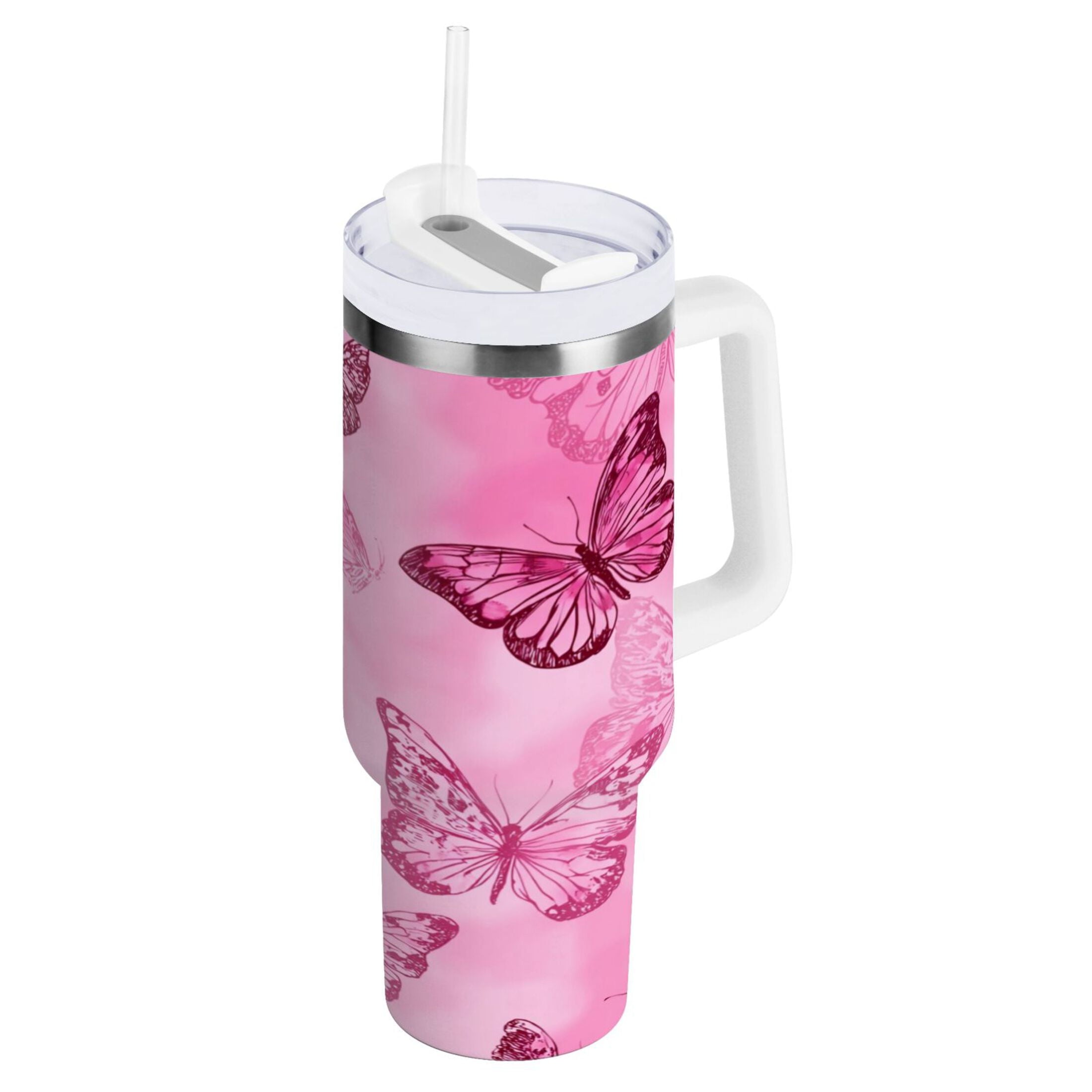40 oz Insulated Stainless Steel Tumbler Double Wall Stainless Steel Tumbler with 2-Way Drinking Pink Butterfly Pattern M629A