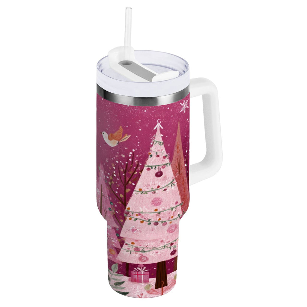 40 oz Insulated Stainless Steel Tumbler Double Wall Stainless Steel Tumbler with 2-Way Drinking Pink Christmas Forest M512A