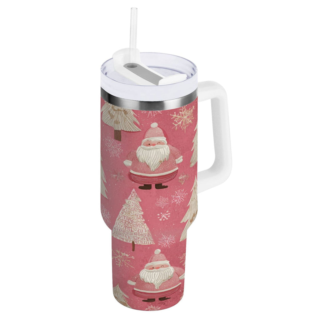40 oz Insulated Stainless Steel Tumbler Double Wall Stainless Steel Tumbler with 2-Way Drinking Pink Santa Claus Pattern M527N