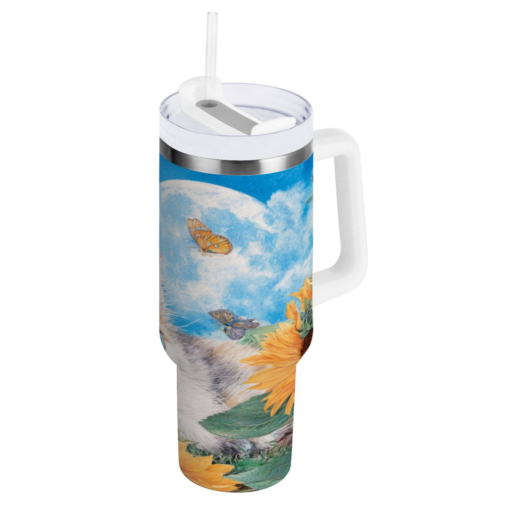 40 oz Insulated Stainless Steel Tumbler Double Wall Stainless Steel Tumbler with 2-Way Drinking Playful Cat Lying Sunflowers M549J