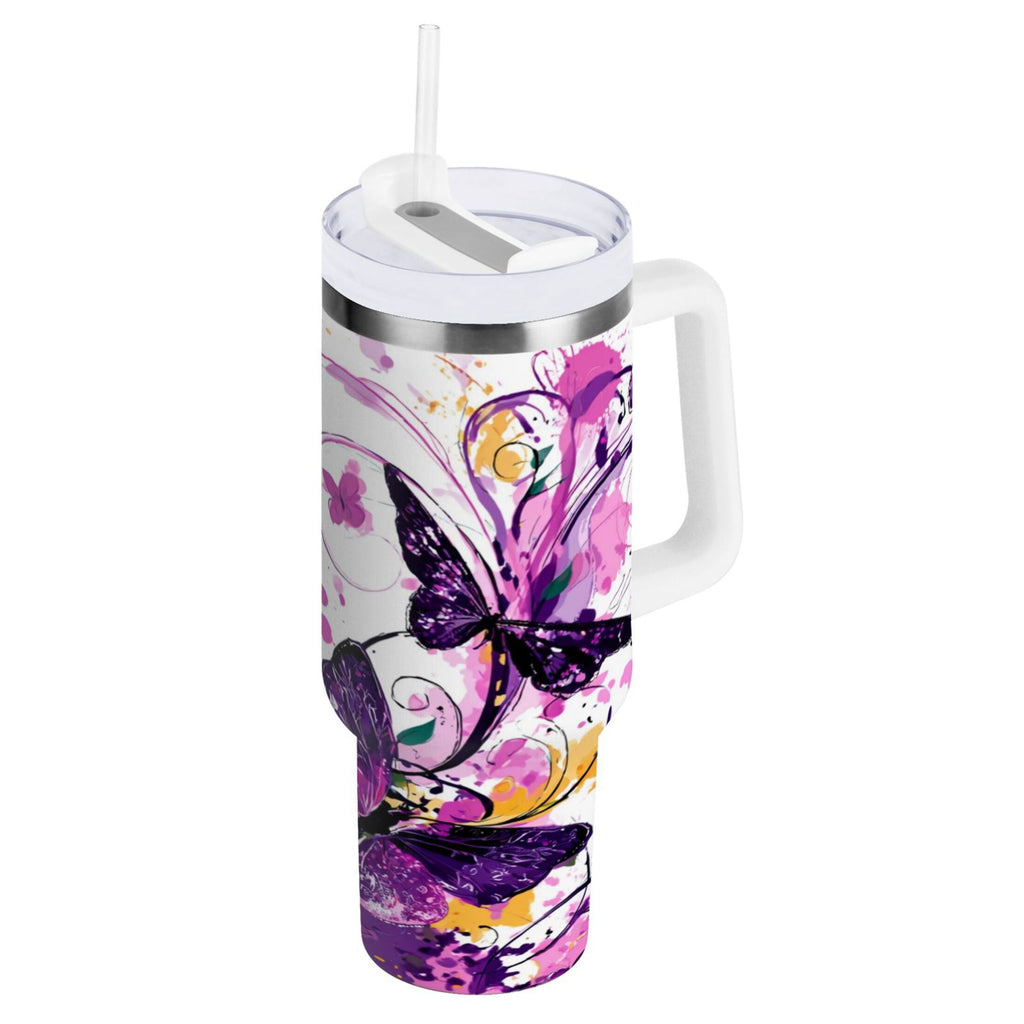 40 oz Insulated Stainless Steel Tumbler Double Wall Stainless Steel Tumbler with 2-Way Drinking Purple Butterfly M444T