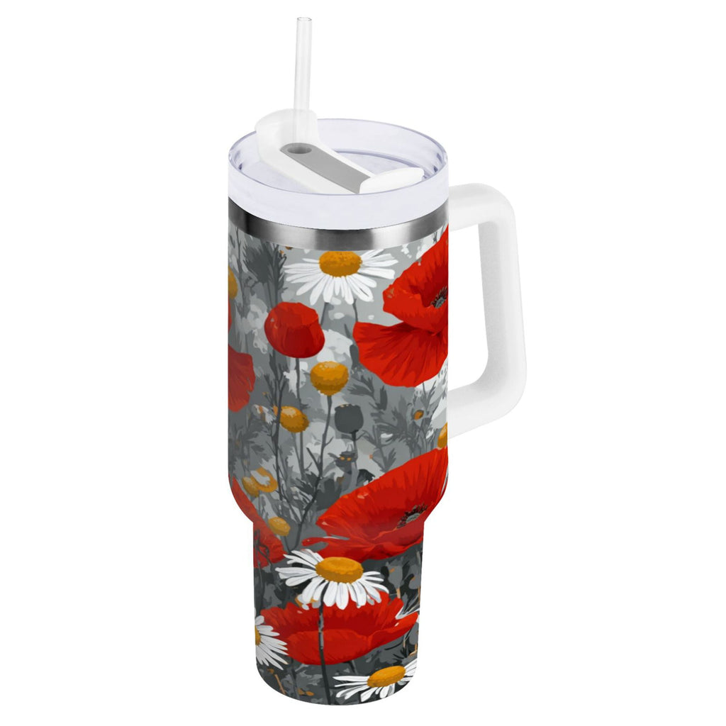 40 oz Insulated Stainless Steel Tumbler Double Wall Stainless Steel Tumbler with 2-Way Drinking Red Flowers and Daisies M498G
