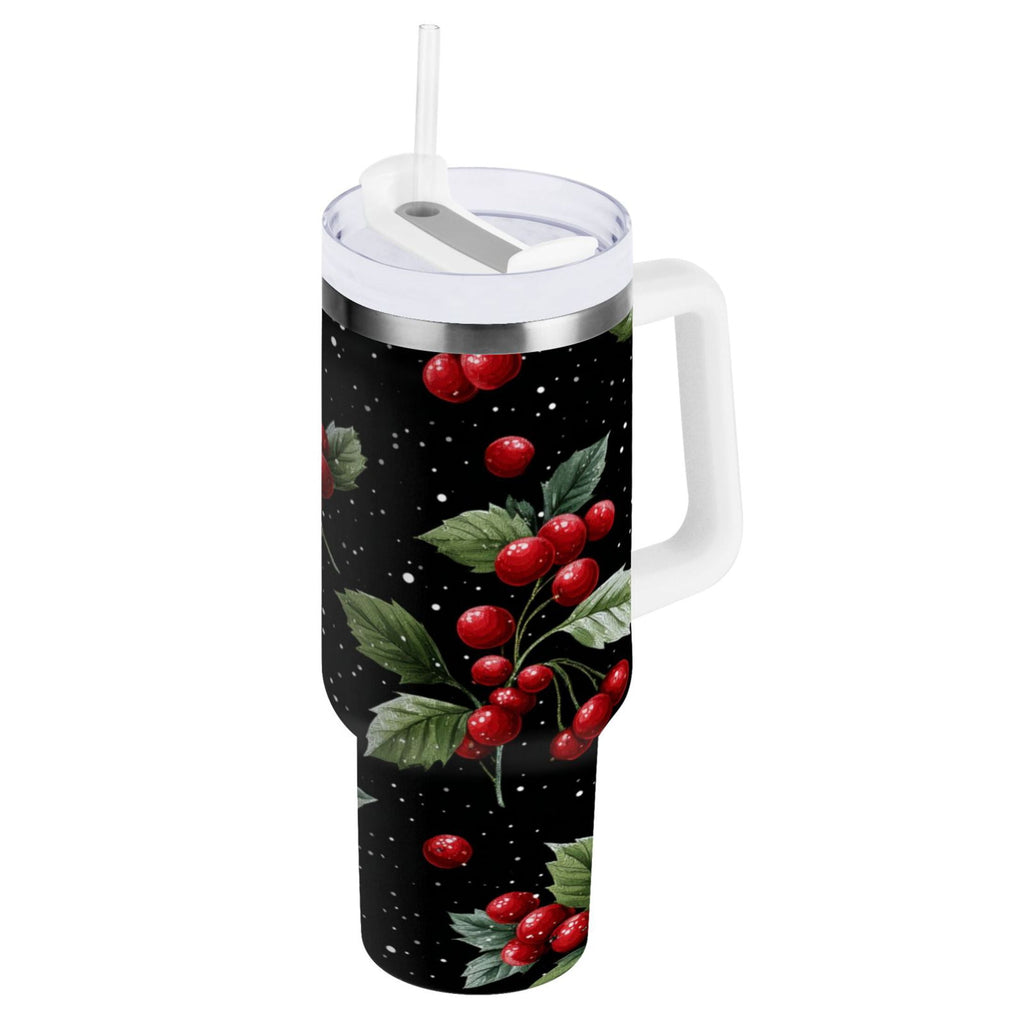 40 oz Insulated Stainless Steel Tumbler Double Wall Stainless Steel Tumbler with 2-Way Drinking Red Holly Berries Pattern M652L