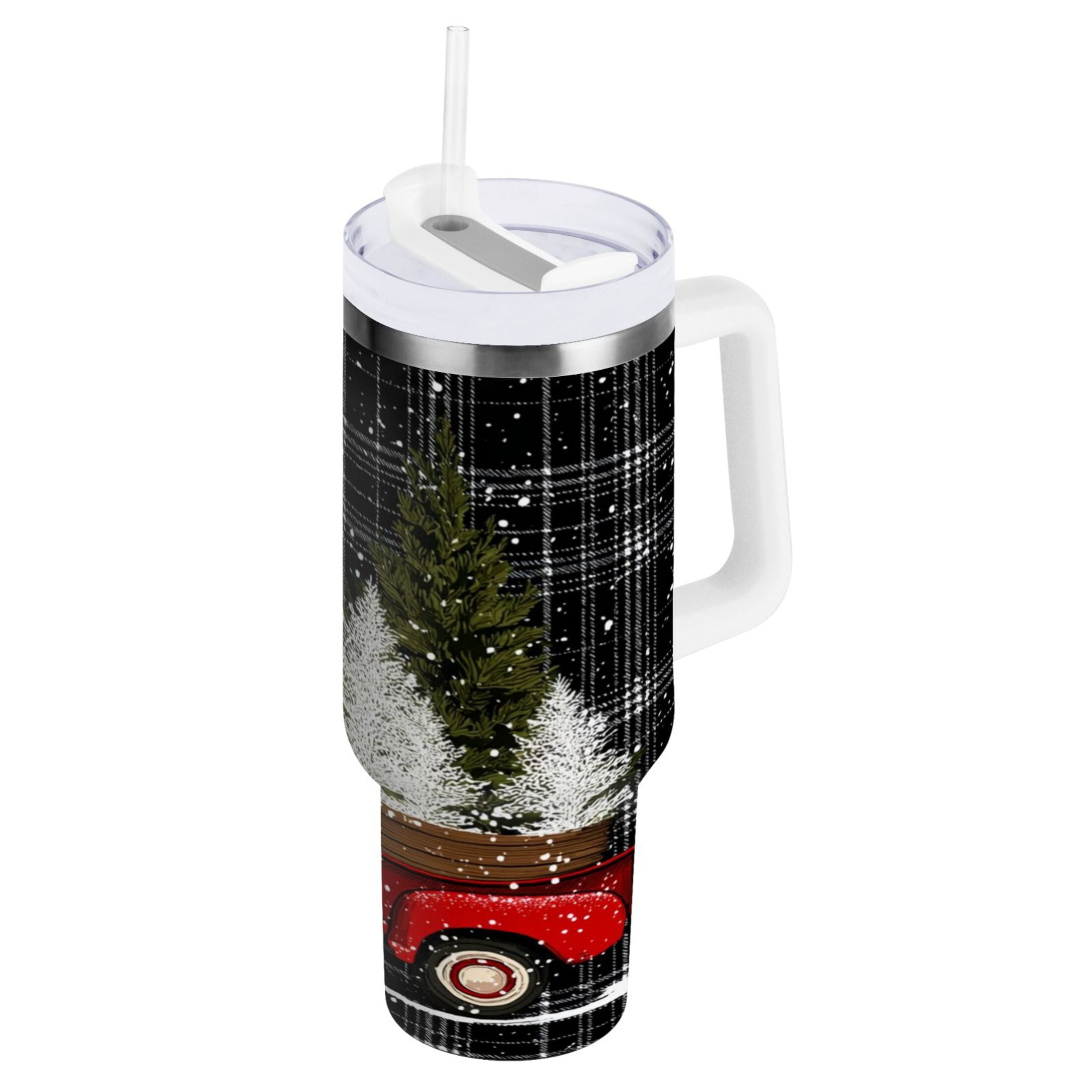 40 oz Insulated Stainless Steel Tumbler Double Wall Stainless Steel Tumbler with 2-Way Drinking Red Truck with Christmas Tree M669J