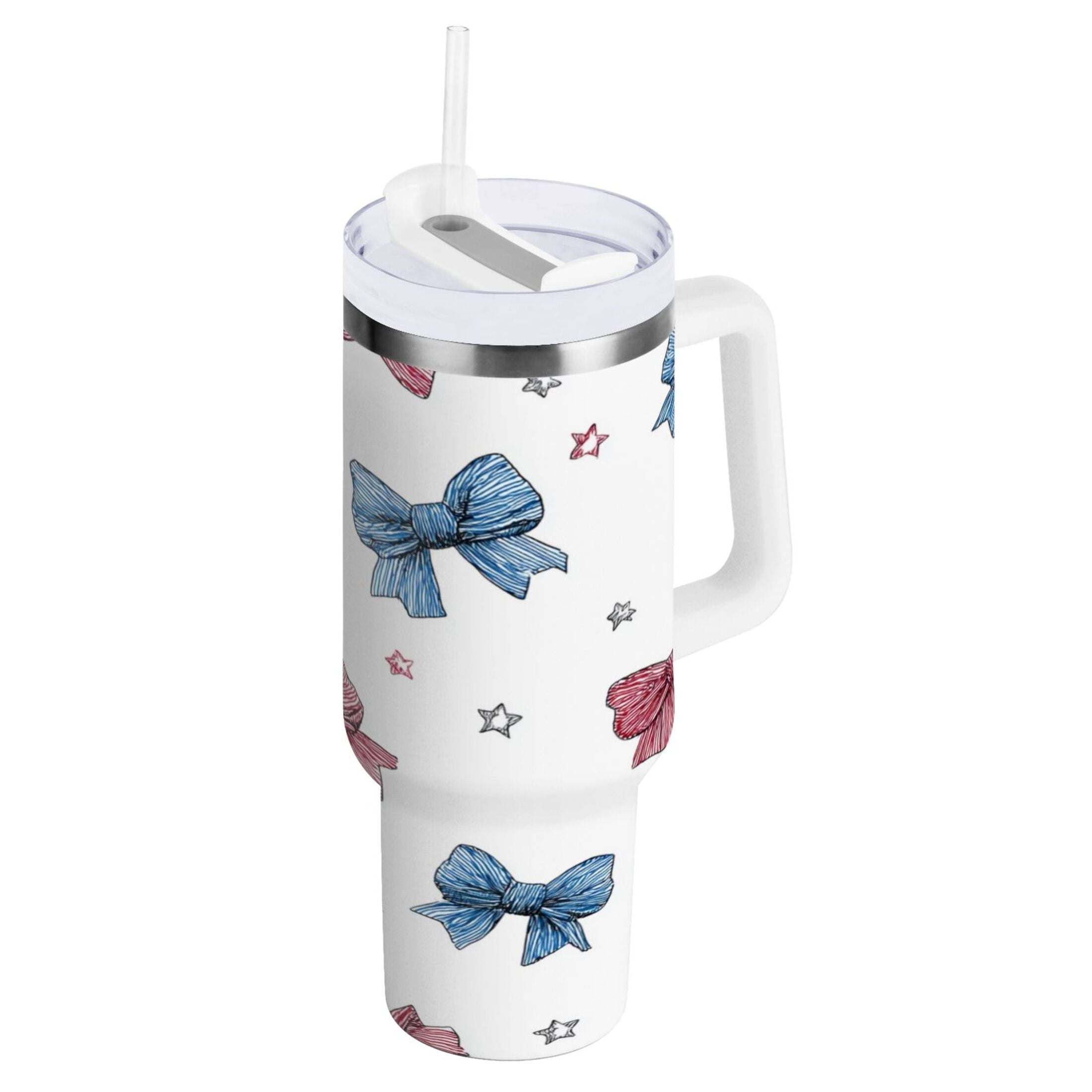 40 oz Insulated Stainless Steel Tumbler Double Wall Stainless Steel Tumbler with 2-Way Drinking Red and Blue Stripes Bows M510K