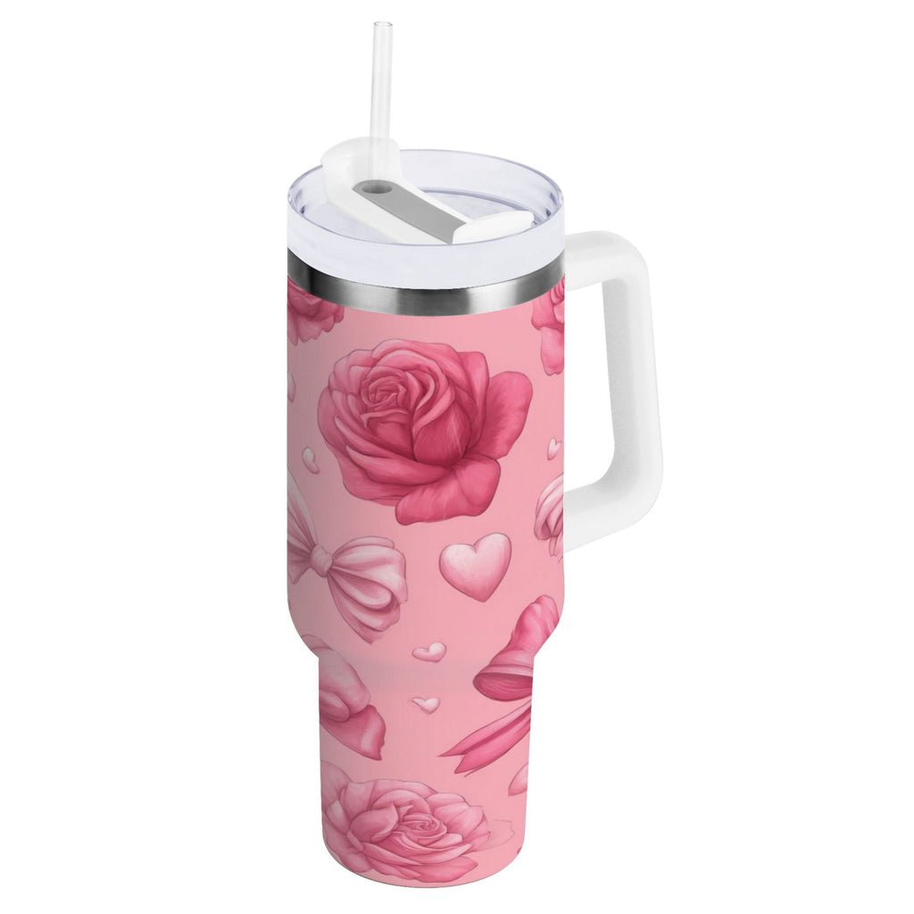 40 oz Insulated Stainless Steel Tumbler Double Wall Stainless Steel Tumbler with 2-Way Drinking Roses and Bows Pattern M661B