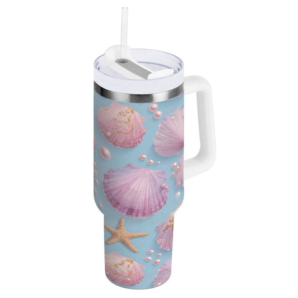 40 oz Insulated Stainless Steel Tumbler Double Wall Stainless Steel Tumbler with 2-Way Drinking Seashells and Pearls Pattern M569M