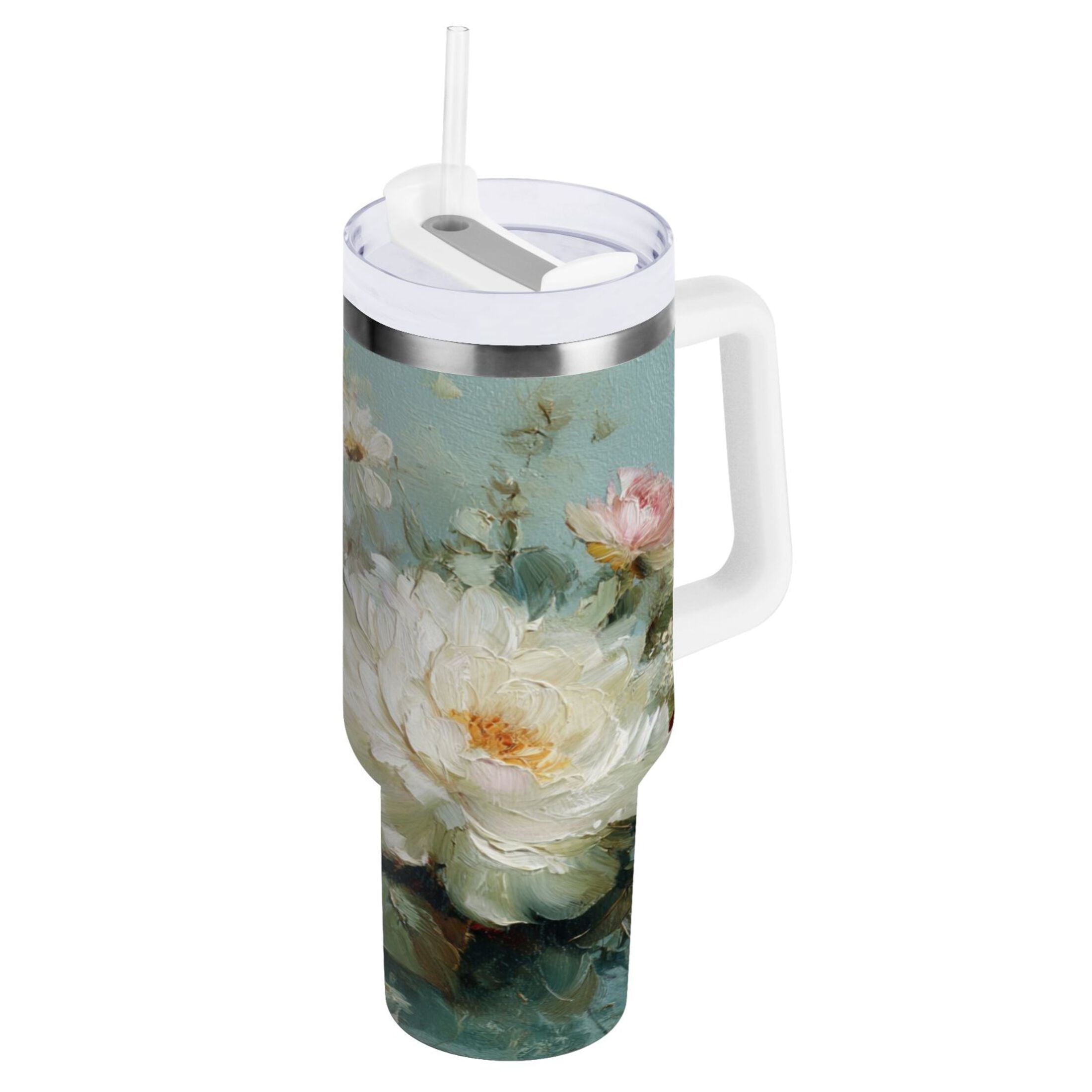 40 oz Insulated Stainless Steel Tumbler Double Wall Stainless Steel Tumbler with 2-Way Drinking Vintage Peonies and Daisies M677X