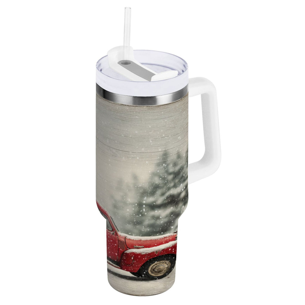 40 oz Insulated Stainless Steel Tumbler Double Wall Stainless Steel Tumbler with 2-Way Drinking Vintage Red Truck M631D
