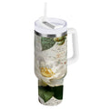 40 oz Insulated Stainless Steel Tumbler Double Wall Stainless Steel Tumbler with 2-Way Drinking Vintage White Camellias M622L