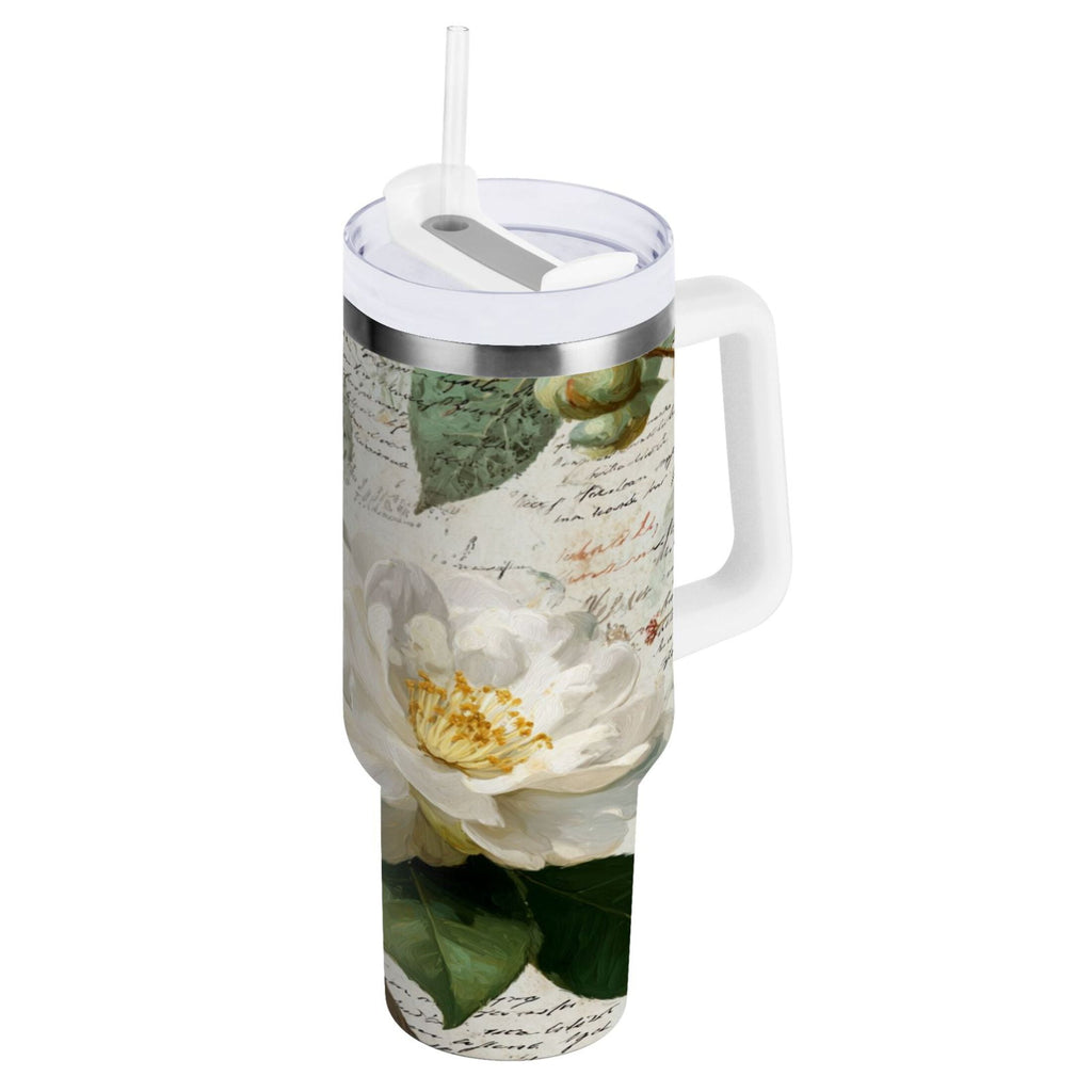 40 oz Insulated Stainless Steel Tumbler Double Wall Stainless Steel Tumbler with 2-Way Drinking Vintage White Camellias M622L