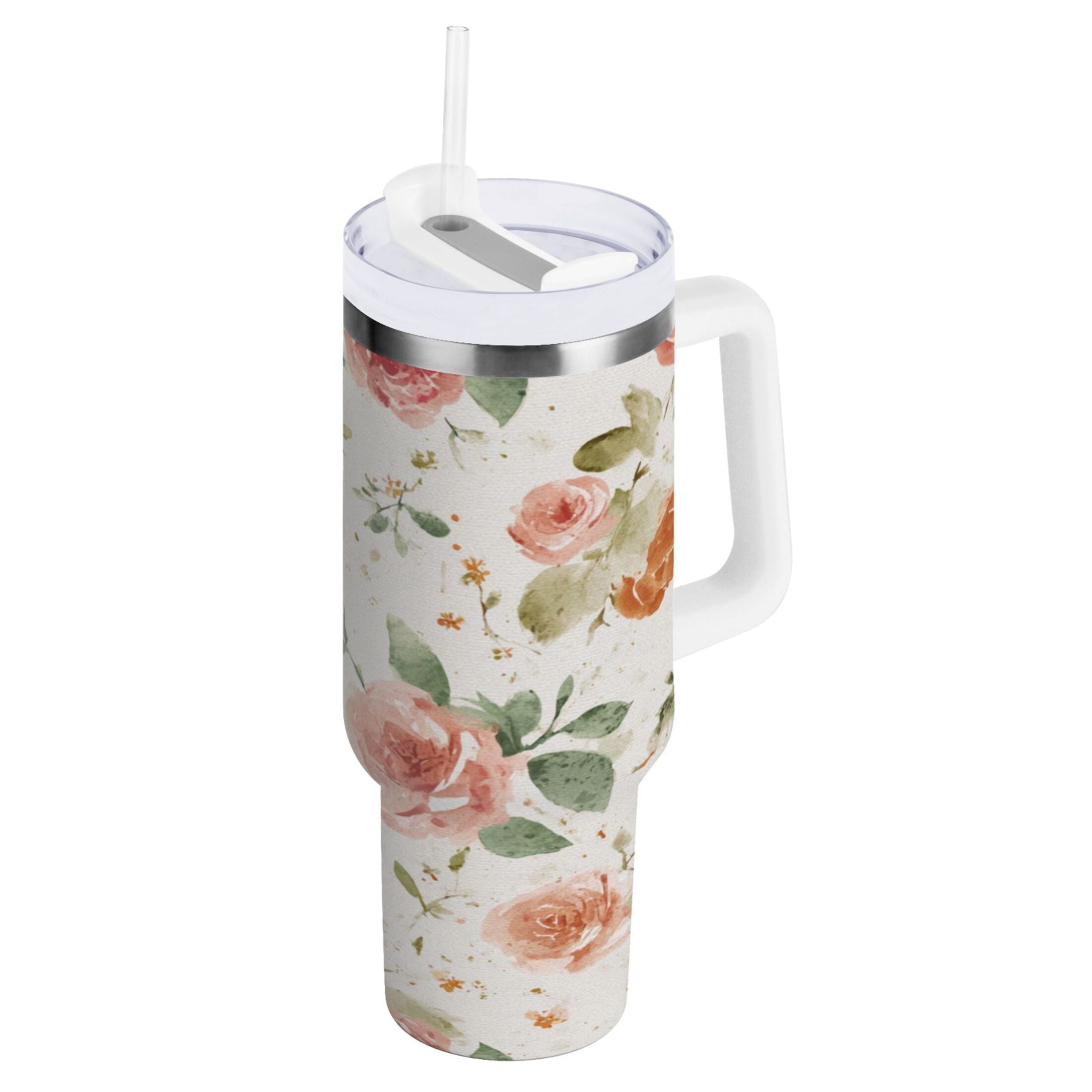 40 oz Insulated Stainless Steel Tumbler Double Wall Stainless Steel Tumbler with 2-Way Drinking Watercolor Rose Floral Pattern M499U