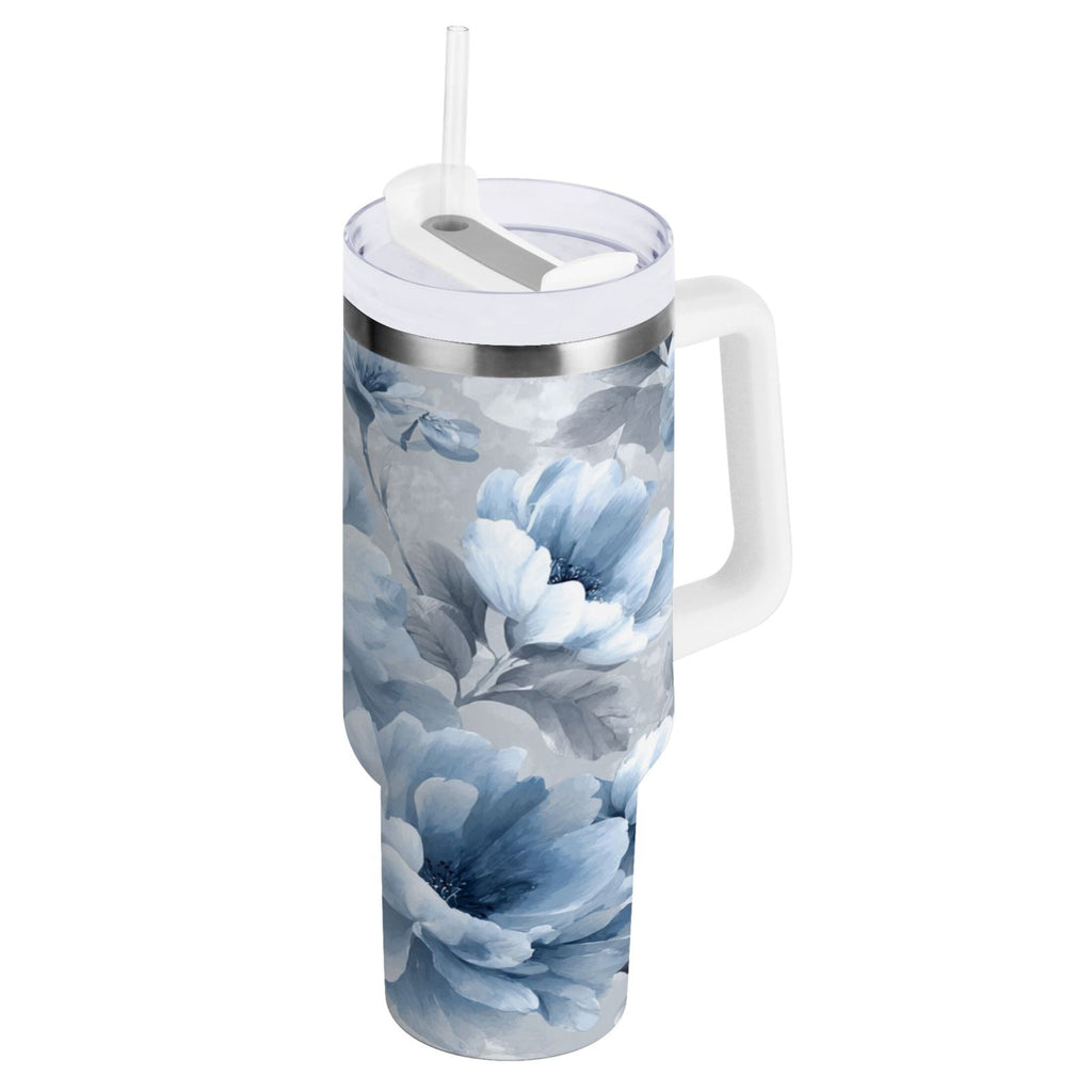 40 oz Insulated Stainless Steel Tumbler Double Wall Stainless Steel Tumbler with 2-Way Drinking White Floral Pattern M584E