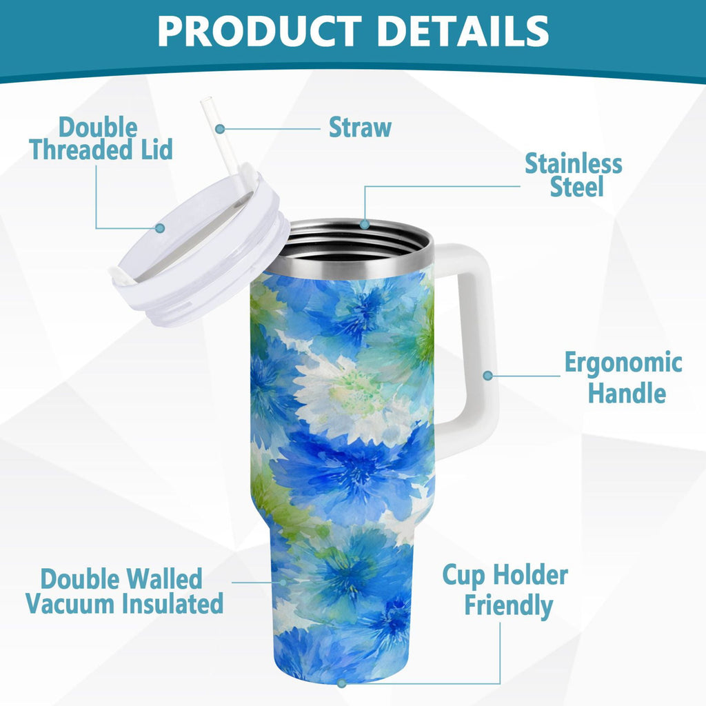 40 oz Insulated Stainless Steel Tumbler Double Wall Stainless Steel Tumbler with 2-Way Drinking Watercolor Blue Cornflowers M567D