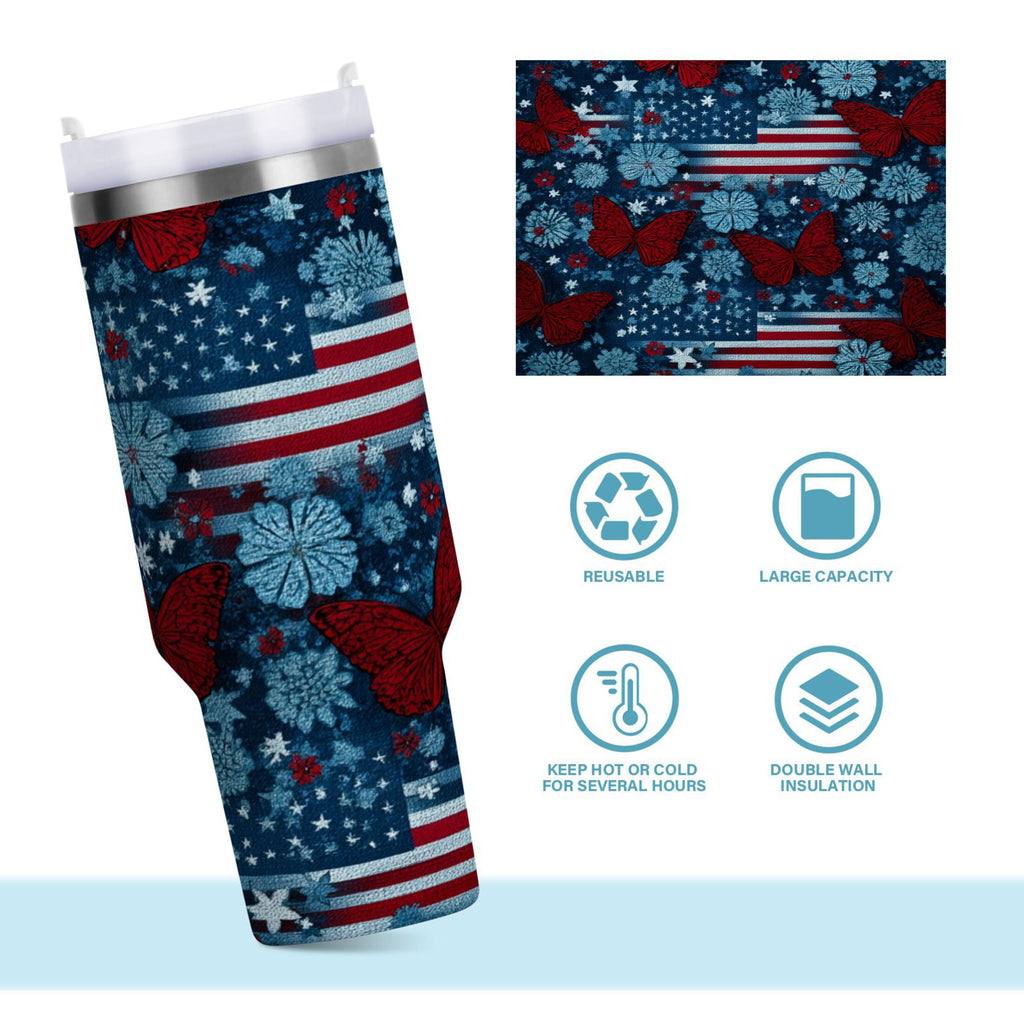 30 oz Insulated Stainless Steel Tumbler Double Wall Stainless Steel Tumbler with 2-Way Drinking Red Butterflies and Flags M621U