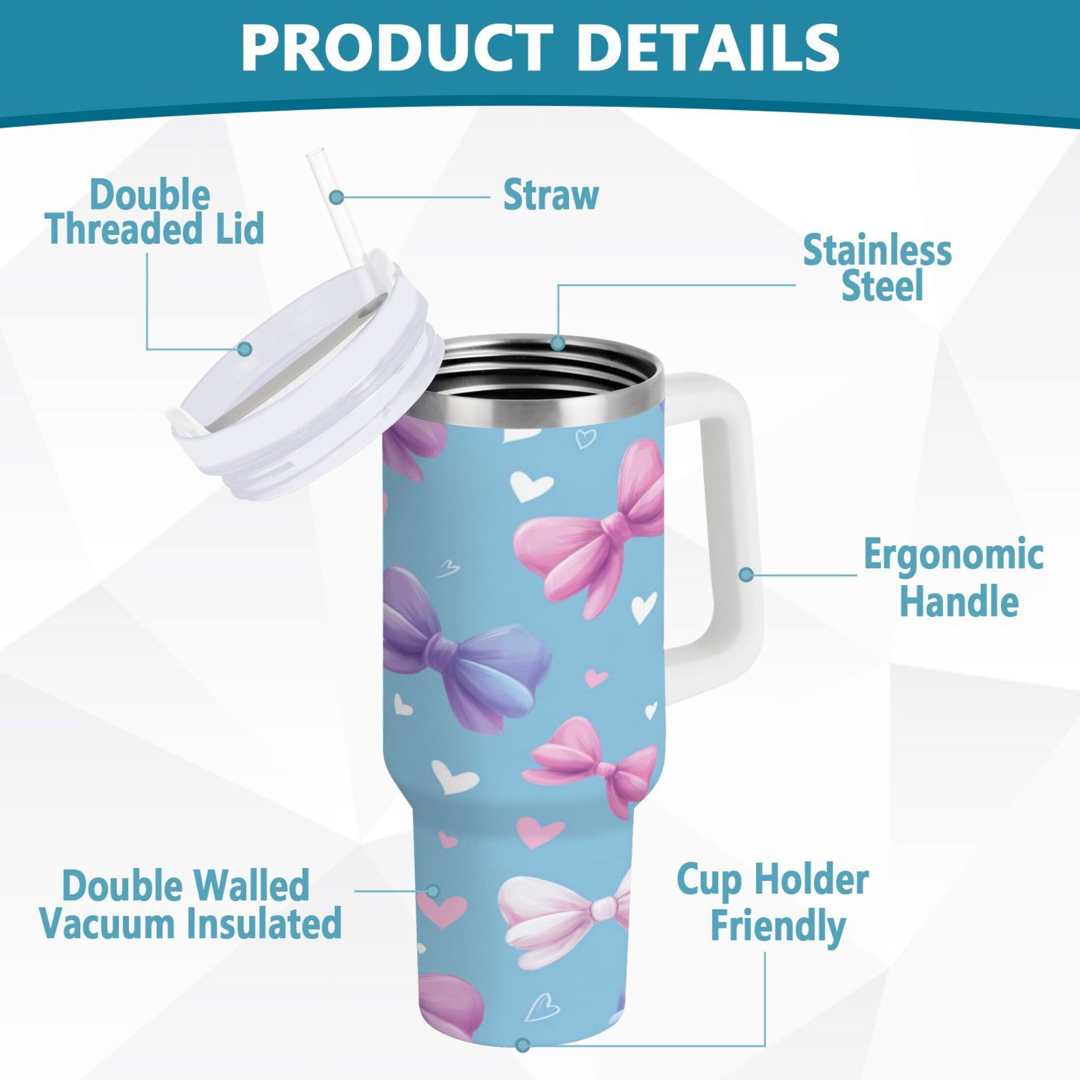 30 oz Insulated Stainless Steel Tumbler Double Wall Stainless Steel Tumbler with 2-Way Drinking Pink and Purple Bows M526Z