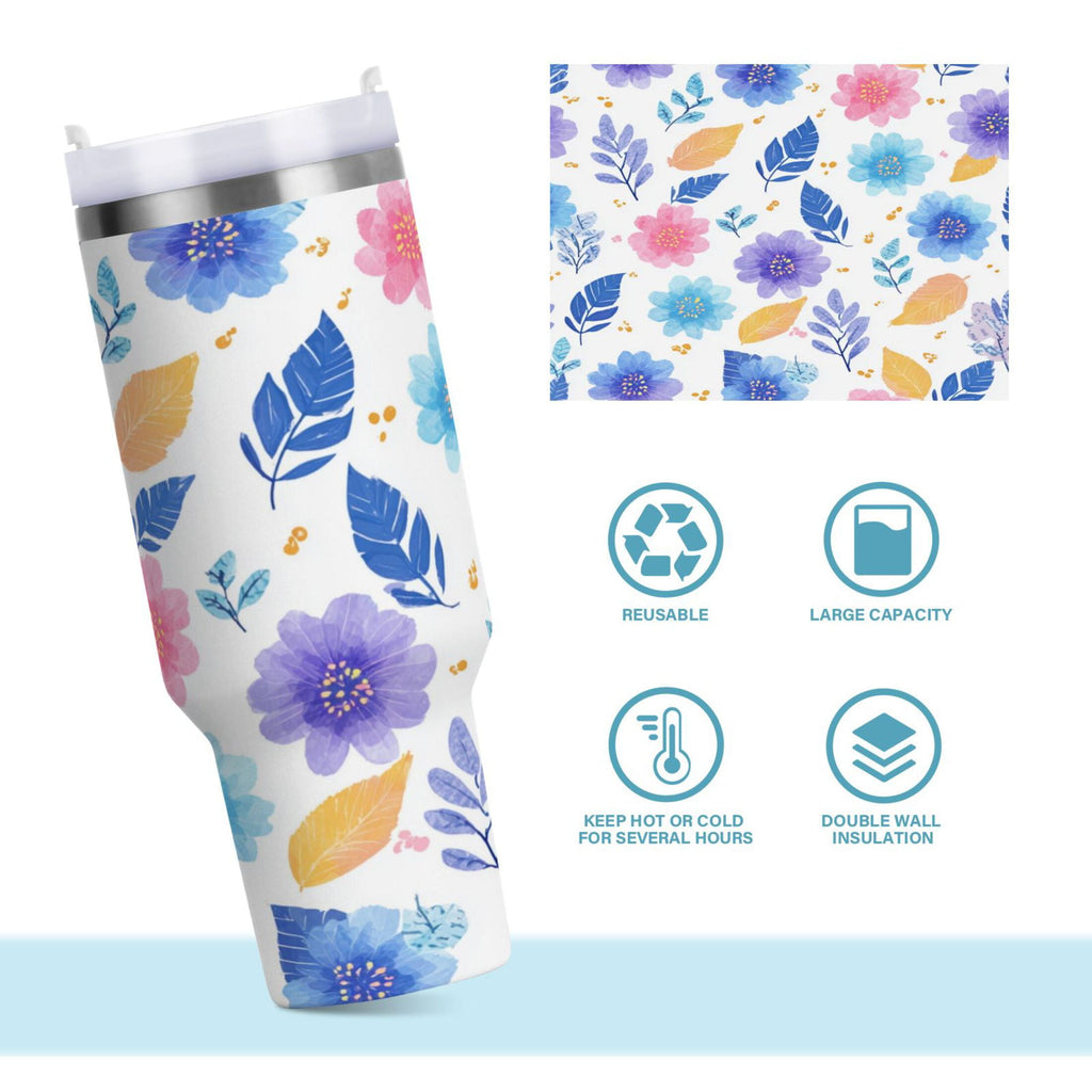 30 oz Insulated Stainless Steel Tumbler Double Wall Stainless Steel Tumbler with 2-Way Drinking Blue and Purple Flowers M522U