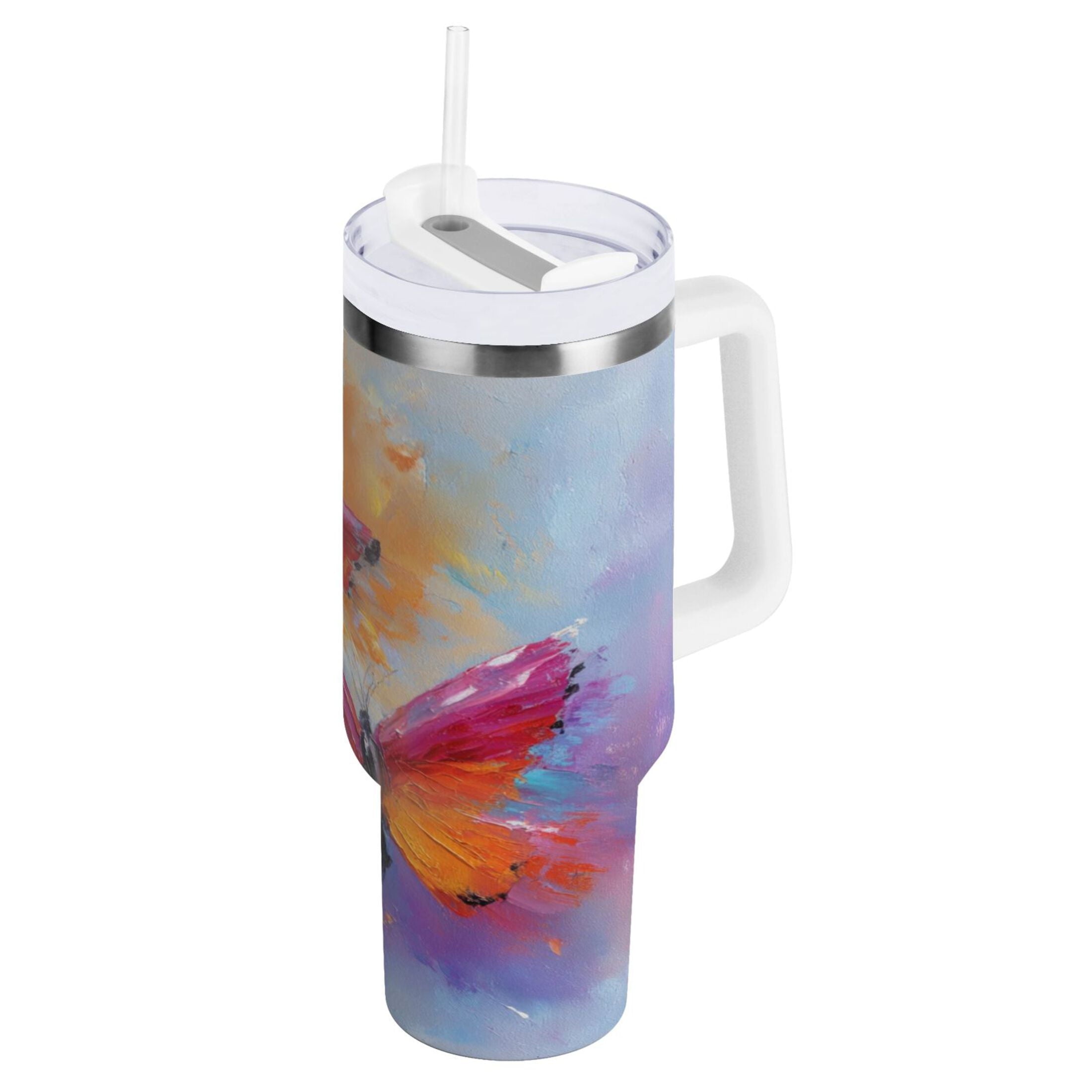 30 oz Insulated Stainless Steel Tumbler Double Wall Stainless Steel Tumbler with 2-Way Drinking Red and Orange Butterflies M467G