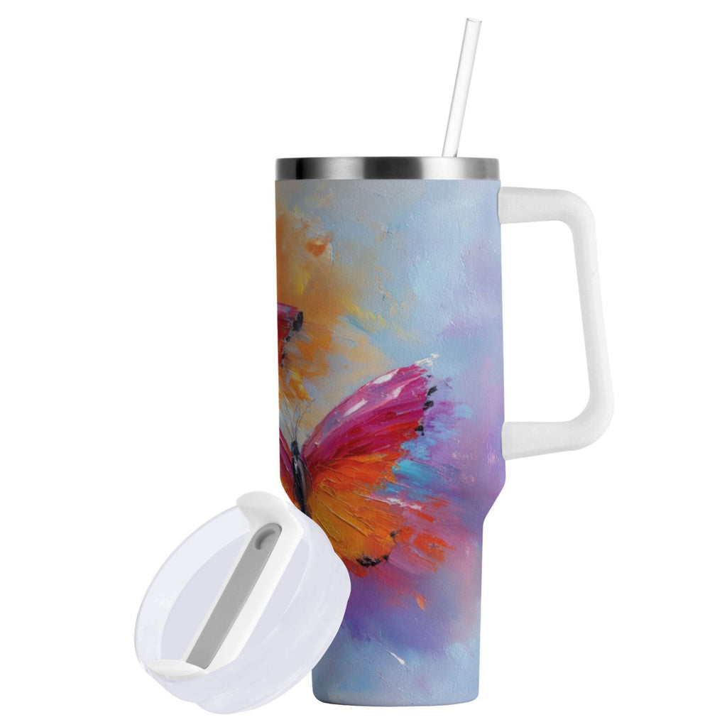 30 oz Insulated Stainless Steel Tumbler Double Wall Stainless Steel Tumbler with 2-Way Drinking Red and Orange Butterflies M467G