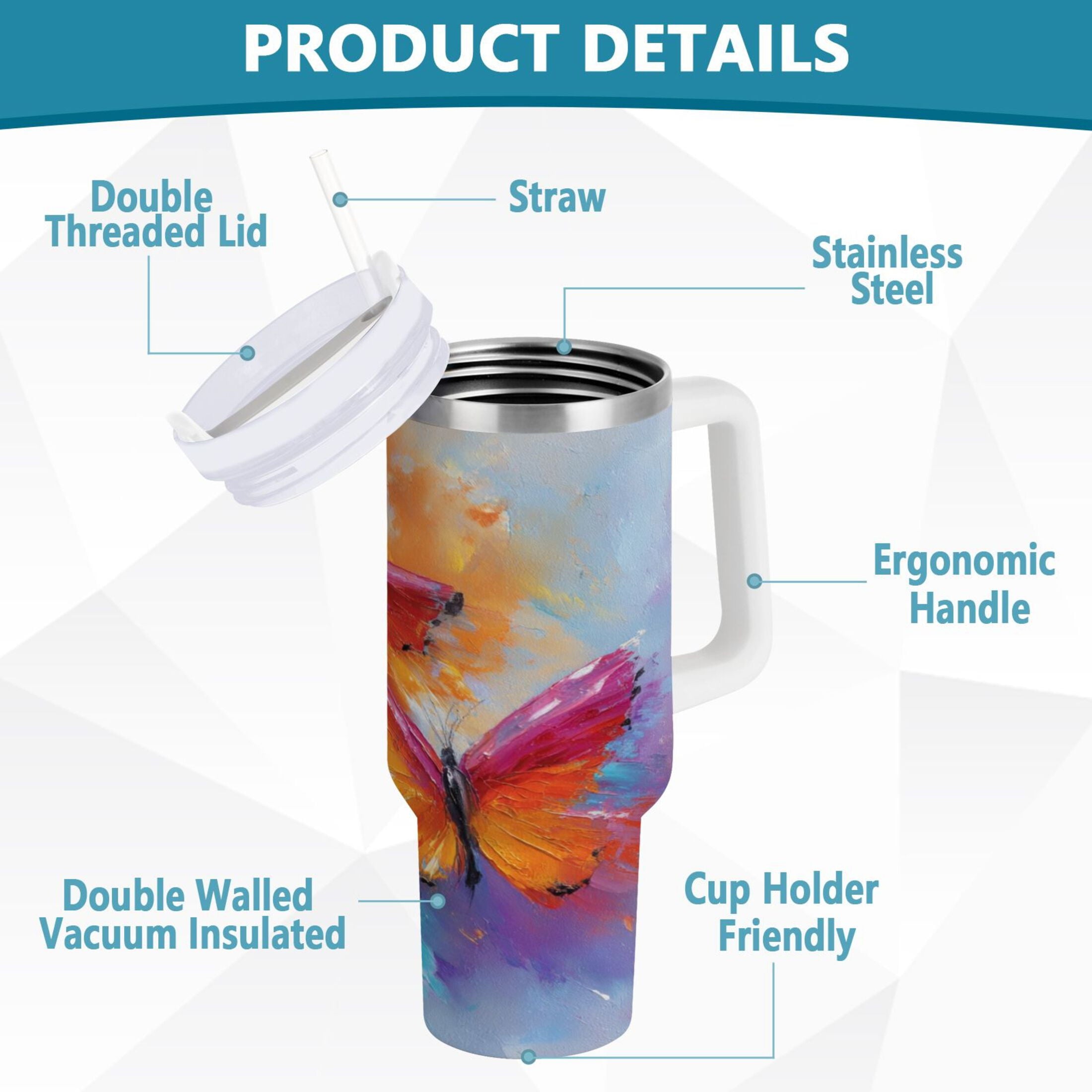 30 oz Insulated Stainless Steel Tumbler Double Wall Stainless Steel Tumbler with 2-Way Drinking Red and Orange Butterflies M467G
