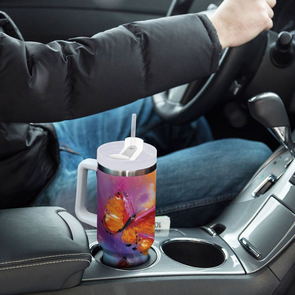 30 oz Insulated Stainless Steel Tumbler Double Wall Stainless Steel Tumbler with 2-Way Drinking Red and Orange Butterflies M467G