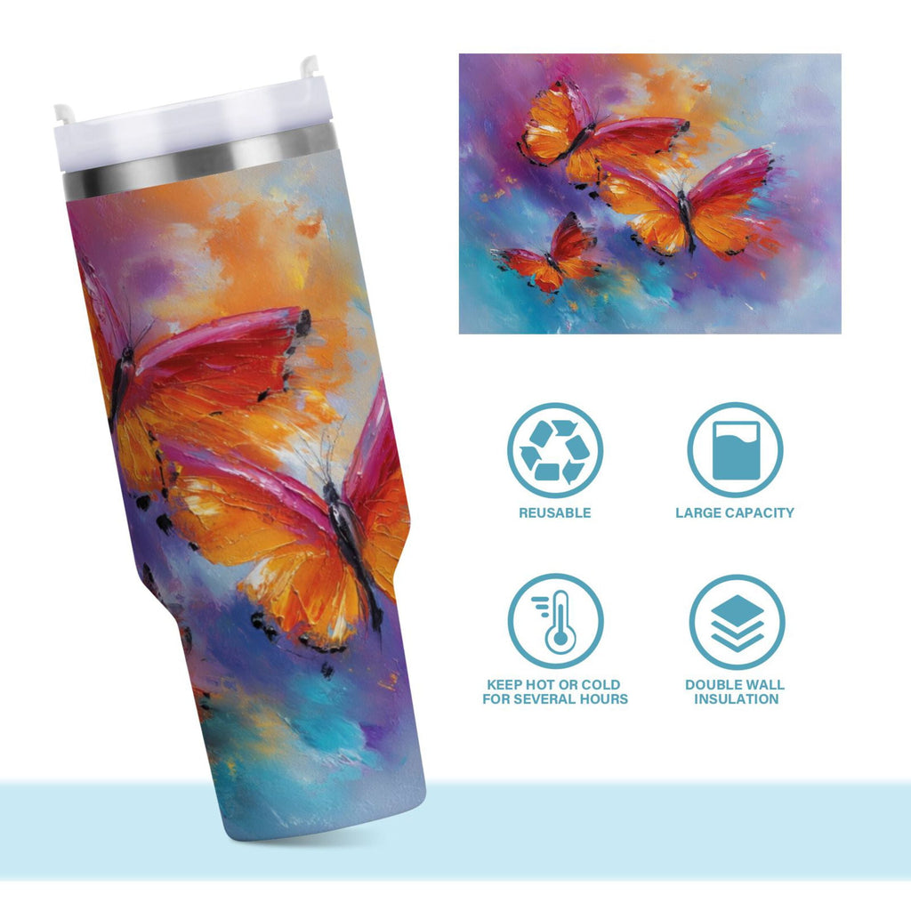 30 oz Insulated Stainless Steel Tumbler Double Wall Stainless Steel Tumbler with 2-Way Drinking Red and Orange Butterflies M467G