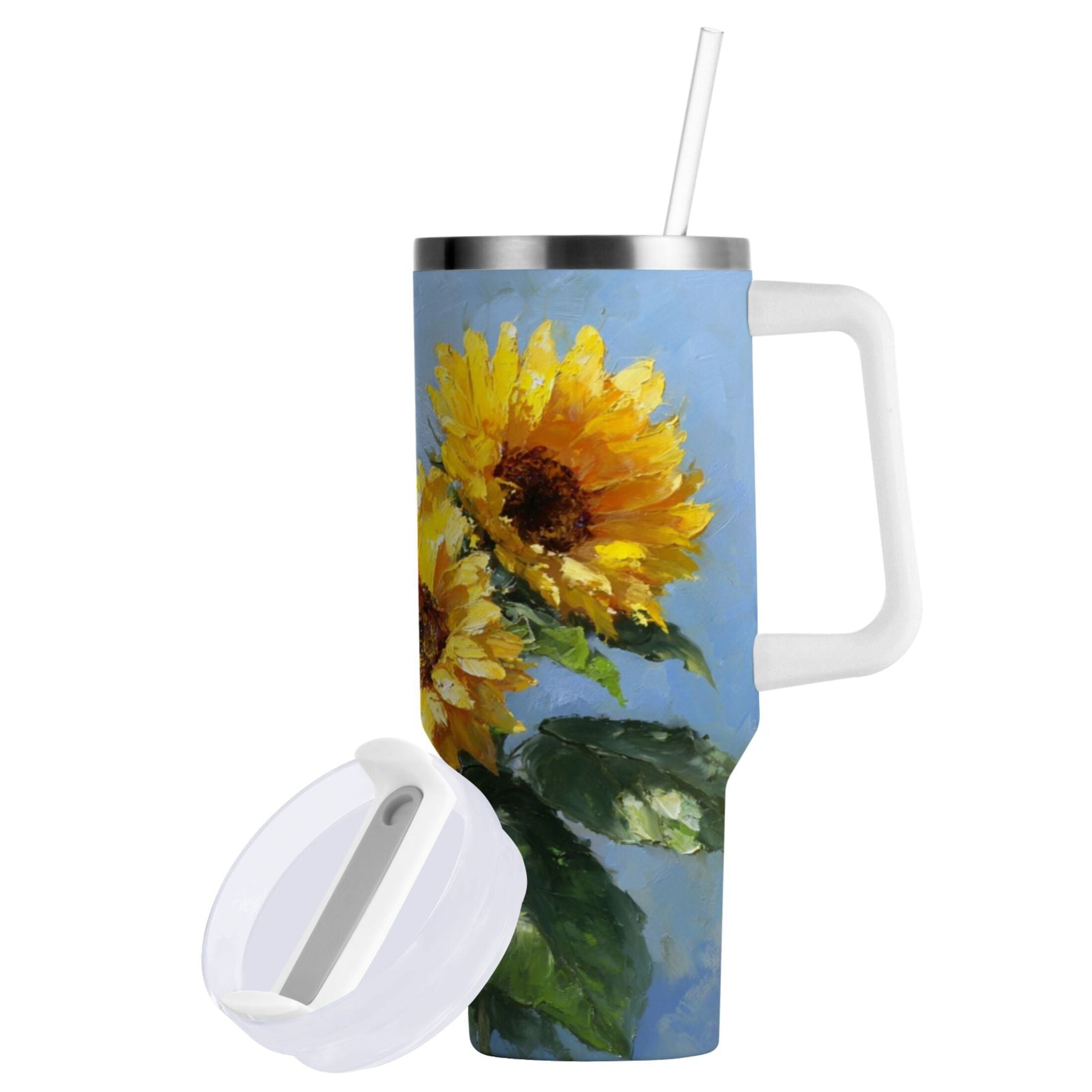 40 oz Insulated Stainless Steel Tumbler Double Wall Stainless Steel Tumbler with 2-Way Drinking Sunflowers Painting M611F