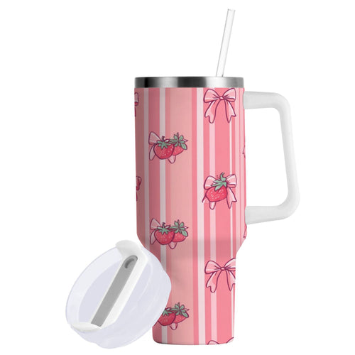 30 oz Insulated Stainless Steel Tumbler Double Wall Stainless Steel Tumbler with 2-Way Drinking Pink Bows and Strawberries M628B